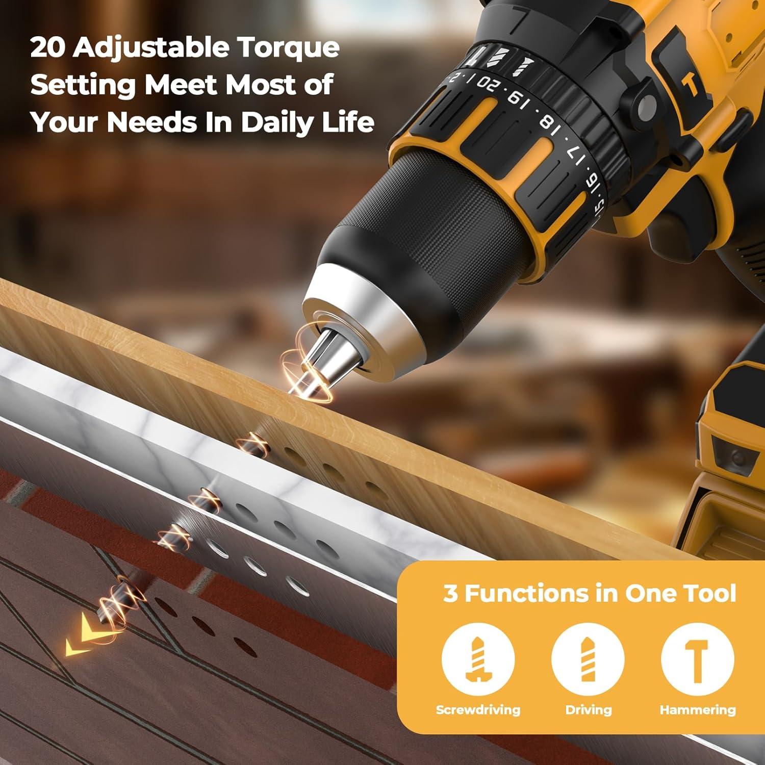 Hammer Drill Compatible with Dewalt 20V Max Battery(No Battery) Cordless Drill/Driver with Brushless Motor, 1/2" Keyless Metal Chuck,4pcs Bit for Drilling Brick Wall, Metal, Wood, Screws