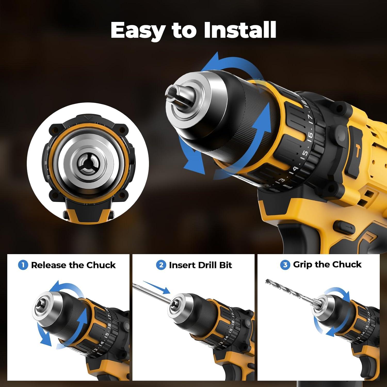 Hammer Drill Compatible with Dewalt 20V Max Battery(No Battery) Cordless Drill/Driver with Brushless Motor, 1/2" Keyless Metal Chuck,4pcs Bit for Drilling Brick Wall, Metal, Wood, Screws