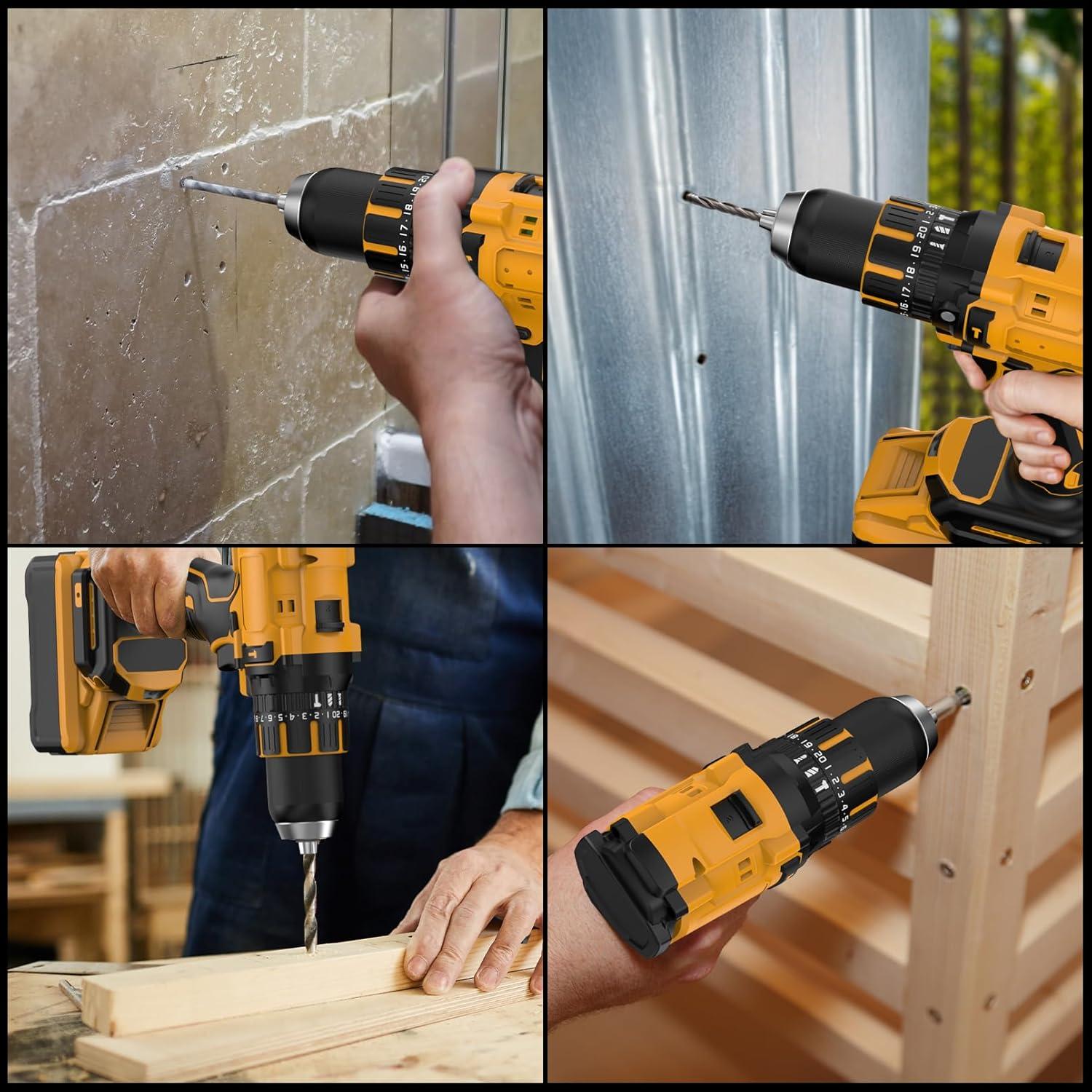 Hammer Drill Compatible with Dewalt 20V Max Battery(No Battery) Cordless Drill/Driver with Brushless Motor, 1/2" Keyless Metal Chuck,4pcs Bit for Drilling Brick Wall, Metal, Wood, Screws