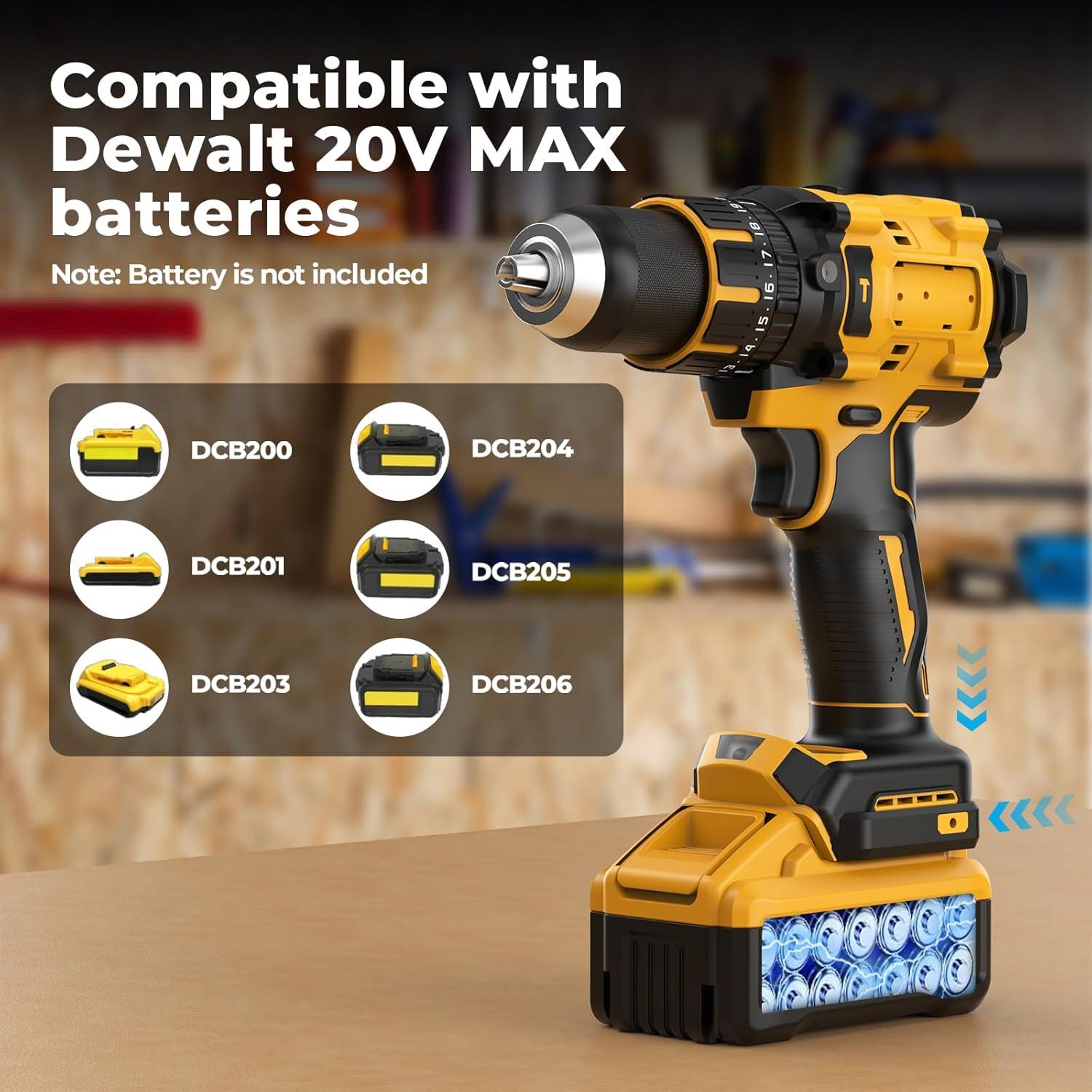 Hammer Drill Compatible with Dewalt 20V Max Battery(No Battery) Cordless Drill/Driver with Brushless Motor, 1/2" Keyless Metal Chuck,4pcs Bit for Drilling Brick Wall, Metal, Wood, Screws