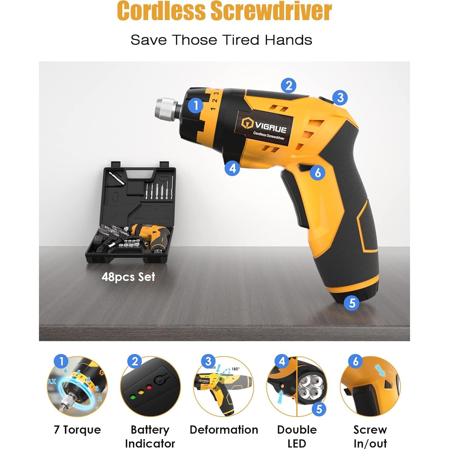 Destornillador Eléctrico Inalámbrico VIGRUE 4V con 48 Piezas