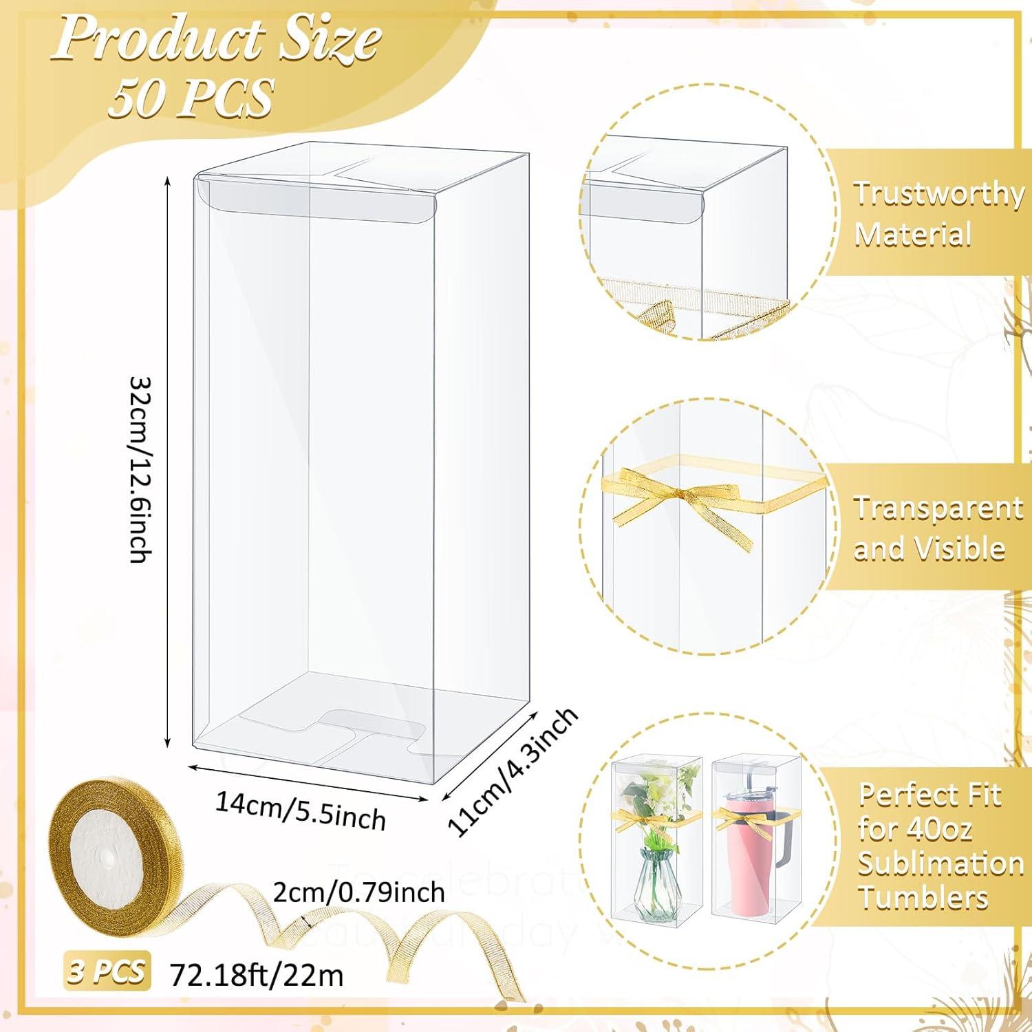 50 Cajas de Regalo Transparentes para Tazas con Cinta Dorada 32x14x10.9cm