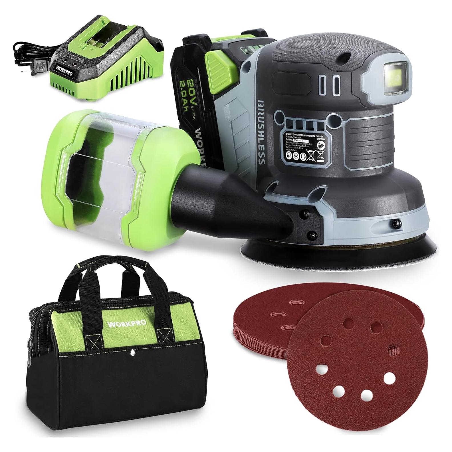 WORKPRO Cordless Random Orbital Sander Brushless 6 Variable Speeds 6000 to 12000 OPM, 20V 5in Electric Orbit Sander for Woodworking with Battery, Charger, Dust Collector, Tool Bag,15 Pcs Sanding Discs