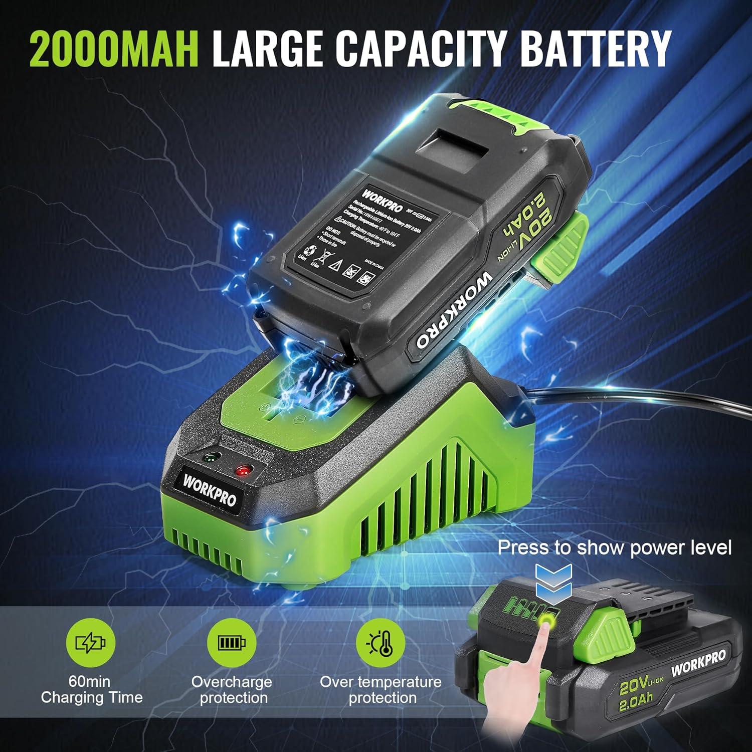 WORKPRO Cordless Random Orbital Sander Brushless 6 Variable Speeds 6000 to 12000 OPM, 20V 5in Electric Orbit Sander for Woodworking with Battery, Charger, Dust Collector, Tool Bag,15 Pcs Sanding Discs