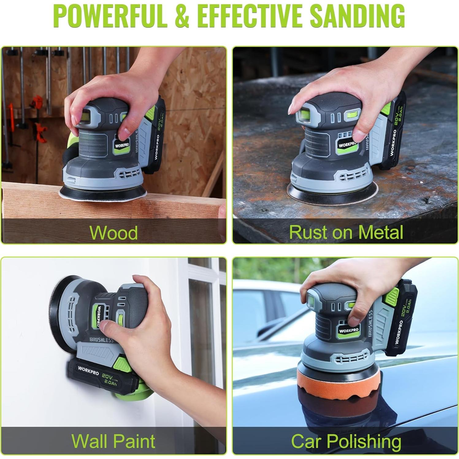 WORKPRO Cordless Random Orbital Sander Brushless 6 Variable Speeds 6000 to 12000 OPM, 20V 5in Electric Orbit Sander for Woodworking with Battery, Charger, Dust Collector, Tool Bag,15 Pcs Sanding Discs