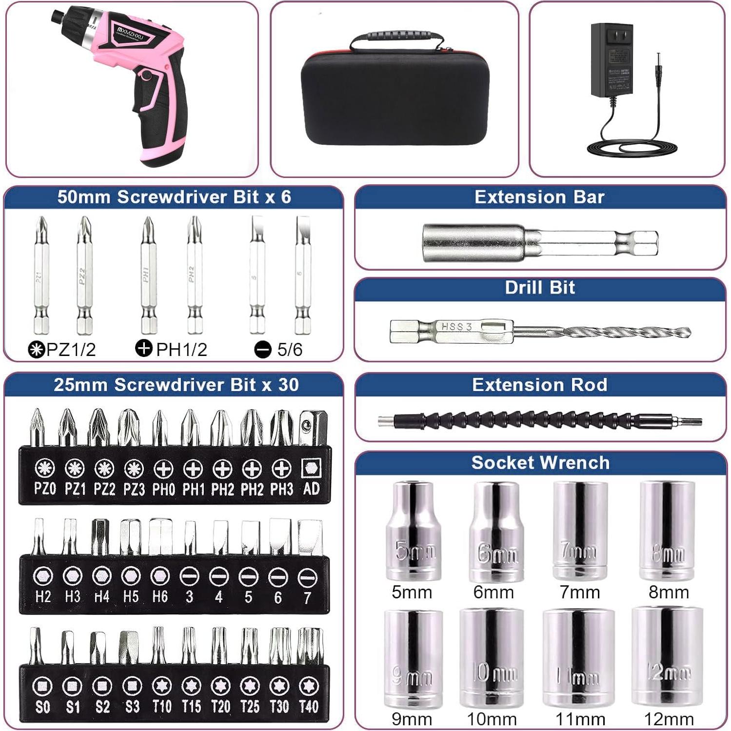 Destornillador Inalámbrico 8V MXMZHXU con 47 Piezas y Luz LED