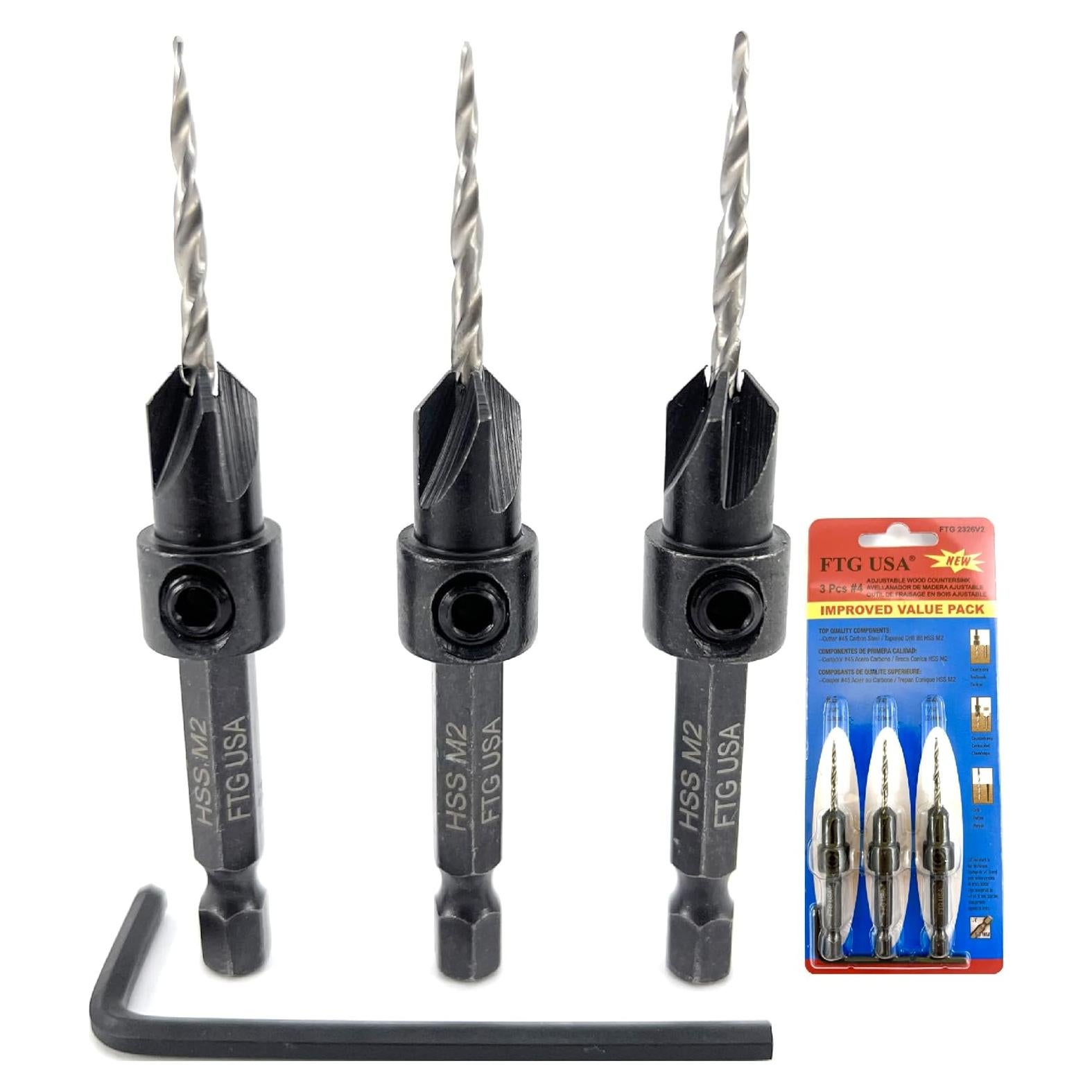 Juego de Brocas Avellanadas FTG USA #4 para Madera 3 Piezas