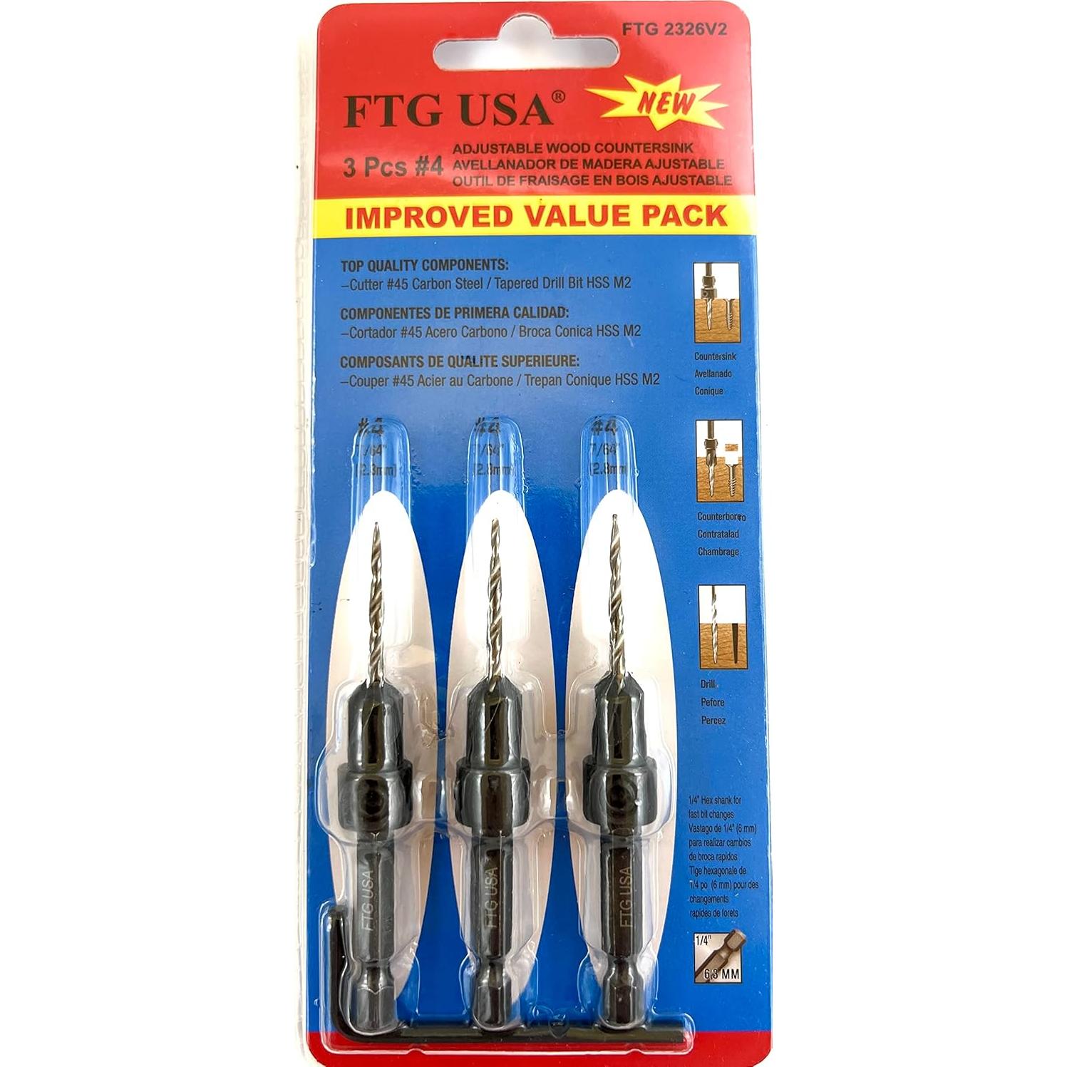 Juego de Brocas Avellanadas FTG USA #4 para Madera 3 Piezas