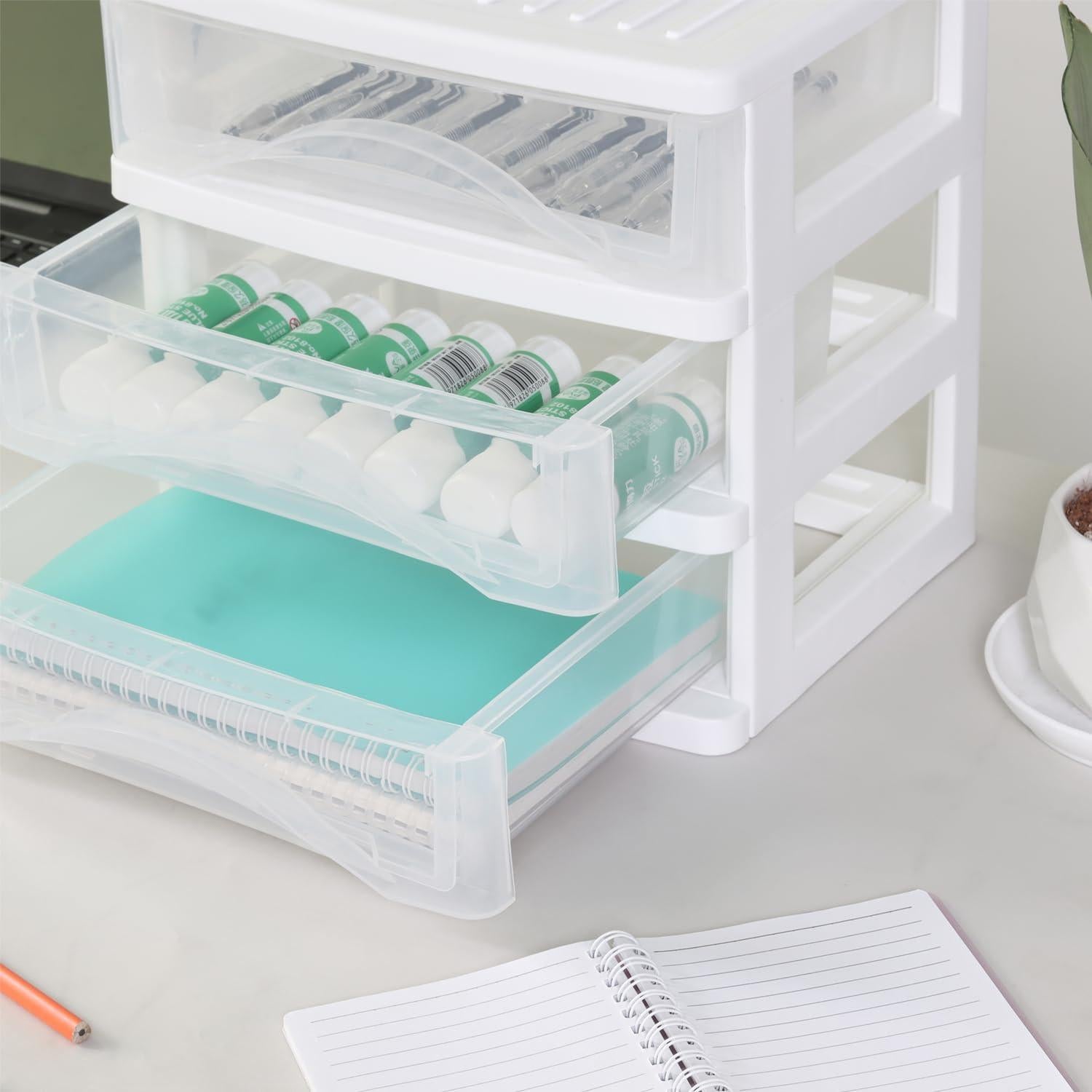 BYCY Plastic Stackable Storage 3 Drawers, White Bathroom Makeup Organizer with Wide Clear Drawers Tabletop Drawer Organizer for Desk,Countertop at Home, Office, School