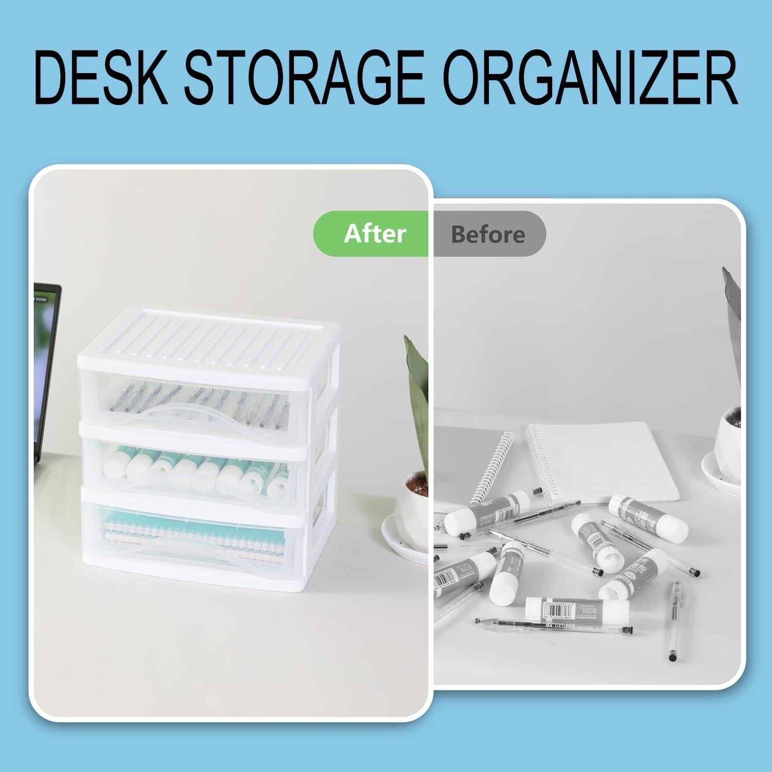 BYCY Plastic Stackable Storage 3 Drawers, White Bathroom Makeup Organizer with Wide Clear Drawers Tabletop Drawer Organizer for Desk,Countertop at Home, Office, School