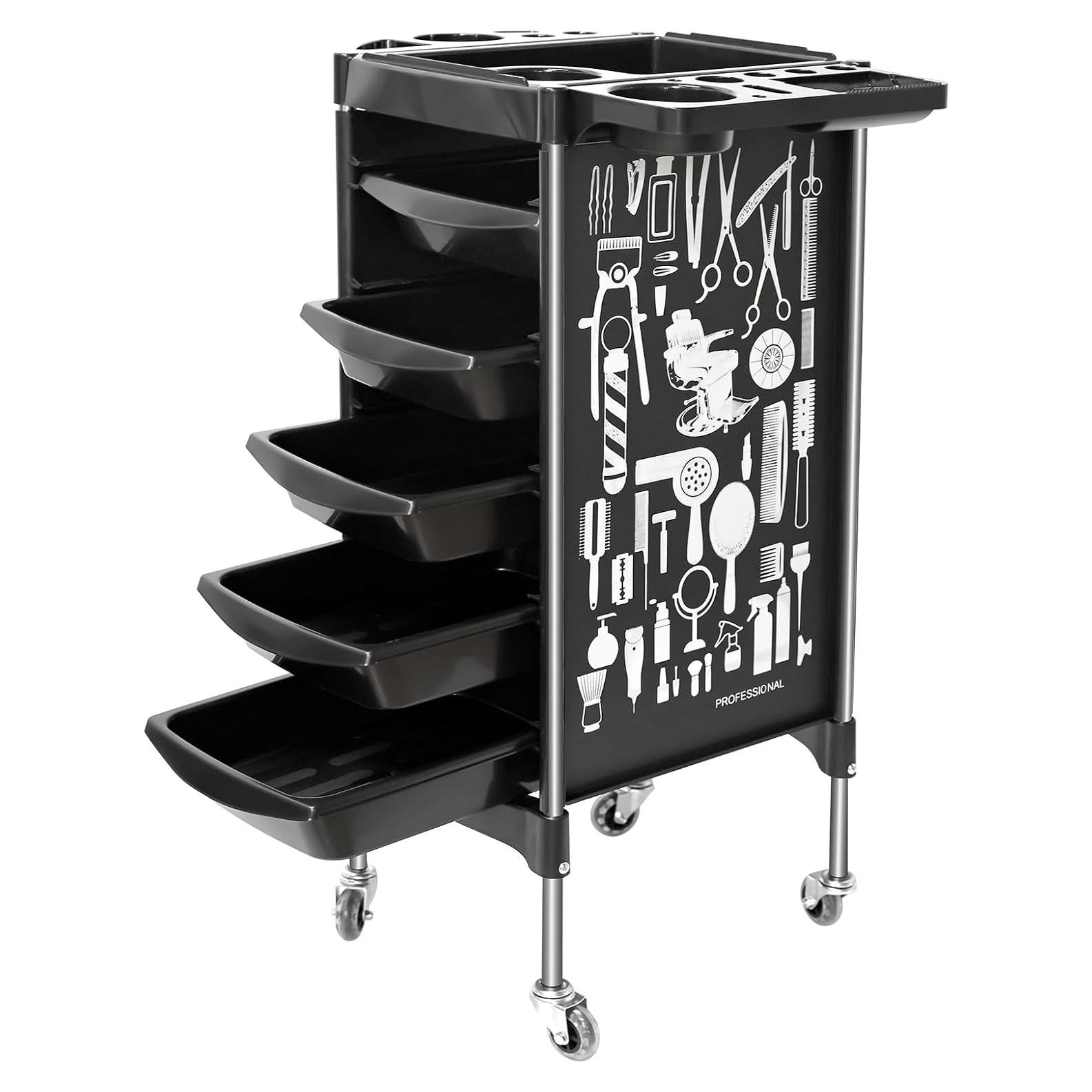 Salon Trolley Cart on Wheels, Multifunction 5 Drawer Hair Stylist Salon Rolling Cart Professional Hairdresser Hair Dye Storage Trolley Beauty Barber Moveable Station Trolley (Black)