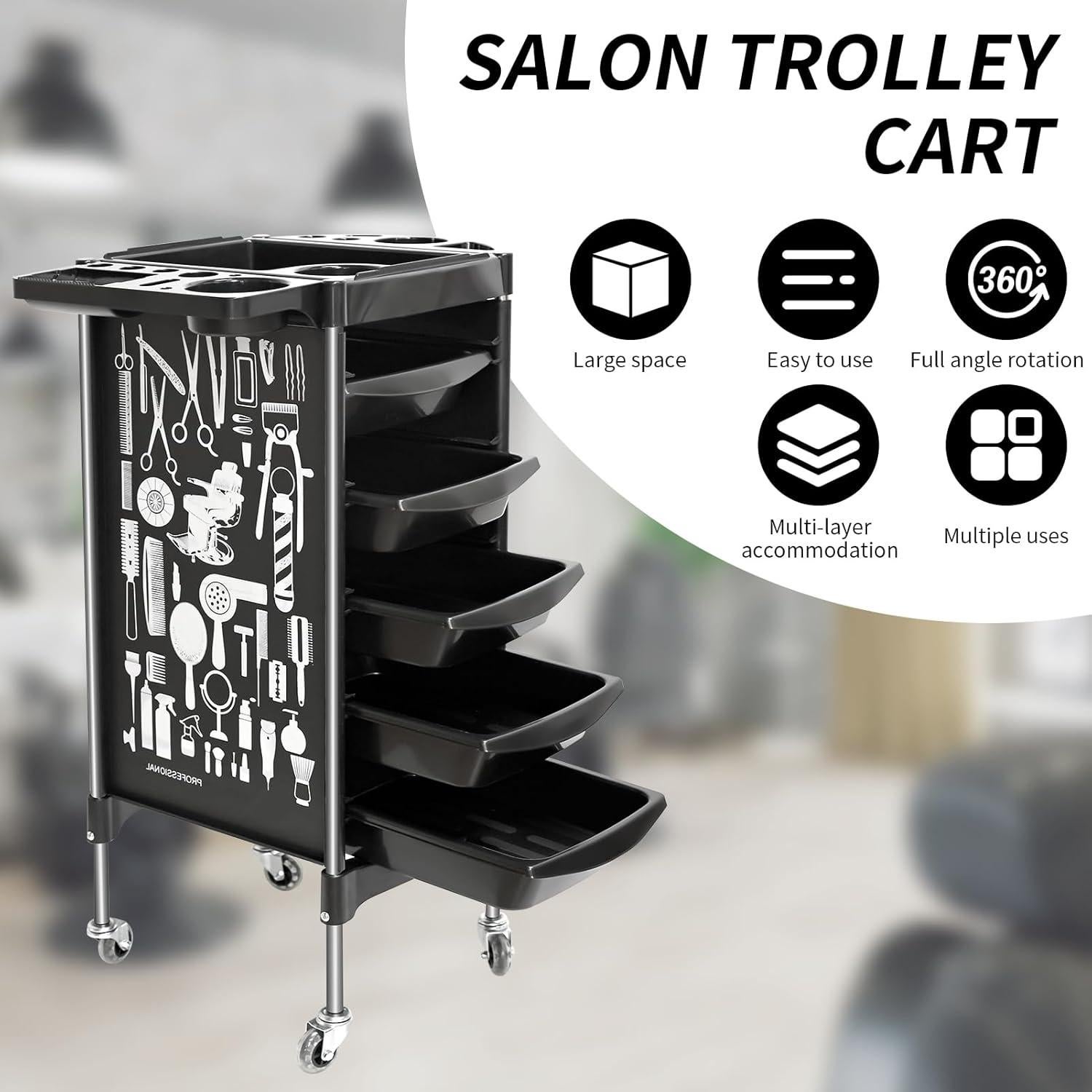 Salon Trolley Cart on Wheels, Multifunction 5 Drawer Hair Stylist Salon Rolling Cart Professional Hairdresser Hair Dye Storage Trolley Beauty Barber Moveable Station Trolley (Black)
