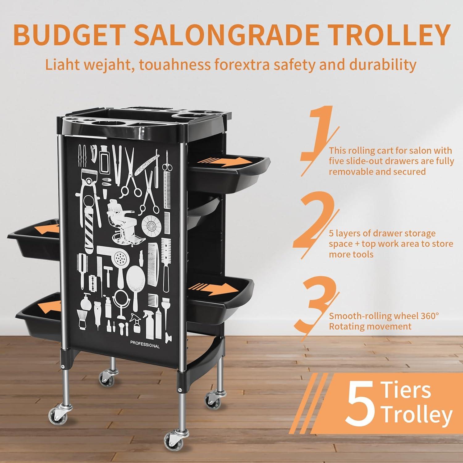 Salon Trolley Cart on Wheels, Multifunction 5 Drawer Hair Stylist Salon Rolling Cart Professional Hairdresser Hair Dye Storage Trolley Beauty Barber Moveable Station Trolley (Black)