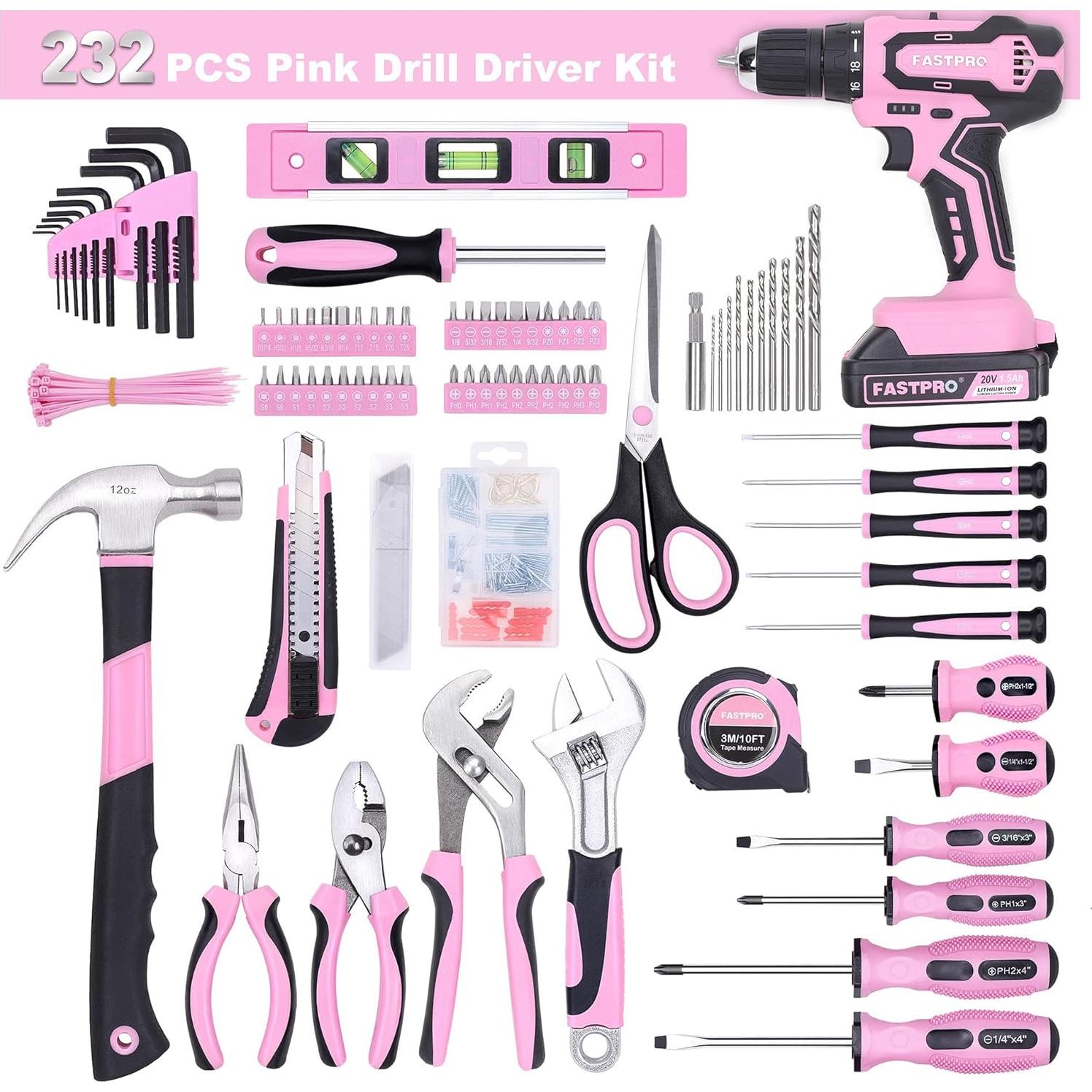 Juego de Herramientas 232 Piezas FASTPRO 20V Rosa con Taladro Inalámbrico
