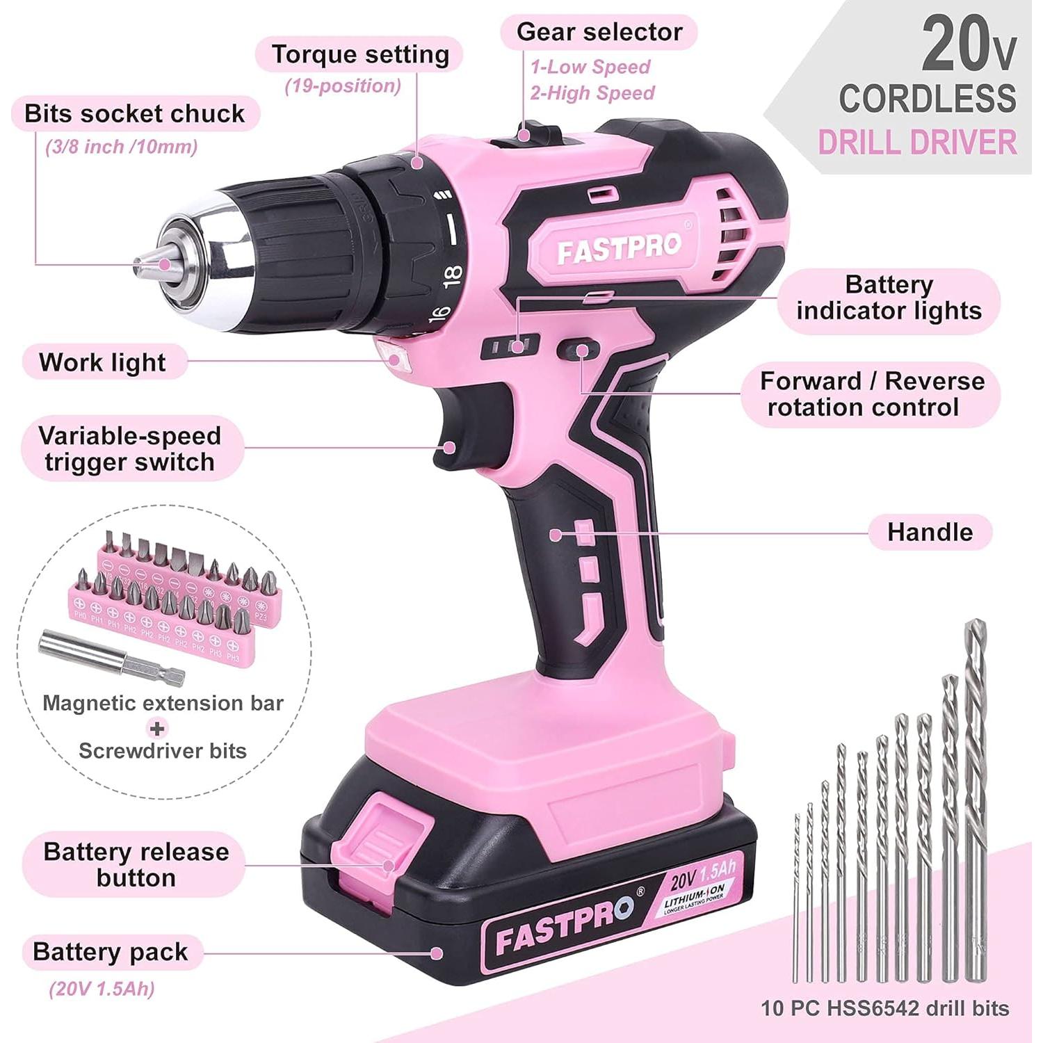 Juego de Herramientas 232 Piezas FASTPRO 20V Rosa con Taladro Inalámbrico
