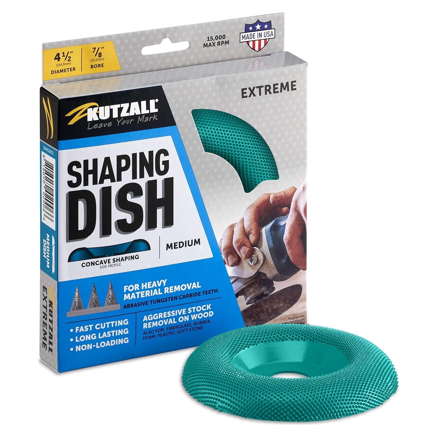 Kutzall Extreme Shaping Dish - Medium, 4-1⁄2" (114.3mm) Dia. X 7⁄8" (22.2mm) Bore - Woodworking Angle Grinder Attachment for DeWalt, Bosch, Milwaukee. Abrasive Tungsten Carbide, DW412X70