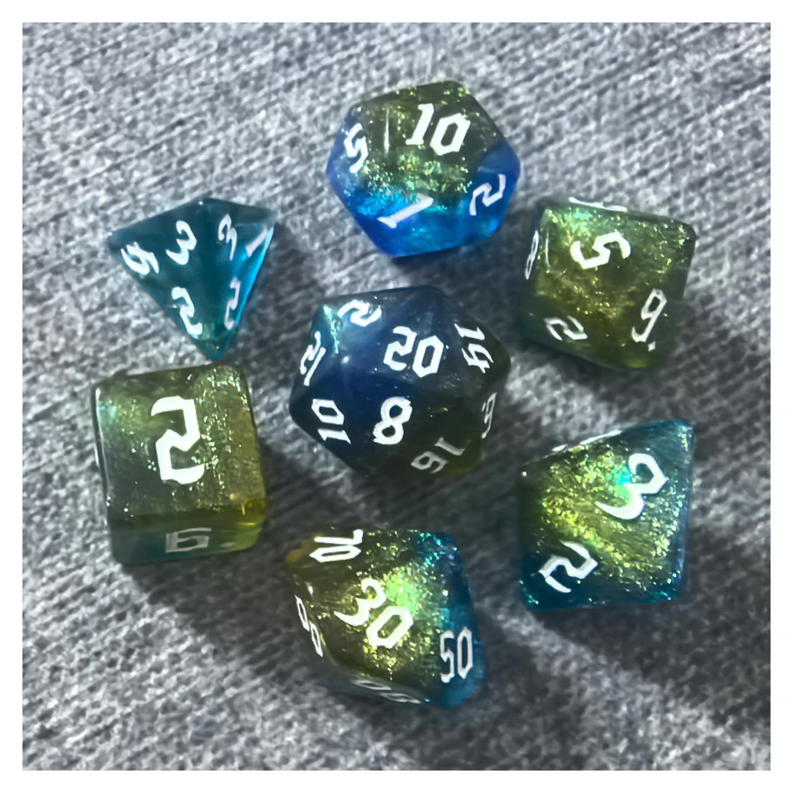 Juego de Dados RPG DND Meokkaebi Nebula 7 Piezas Azul Dorado