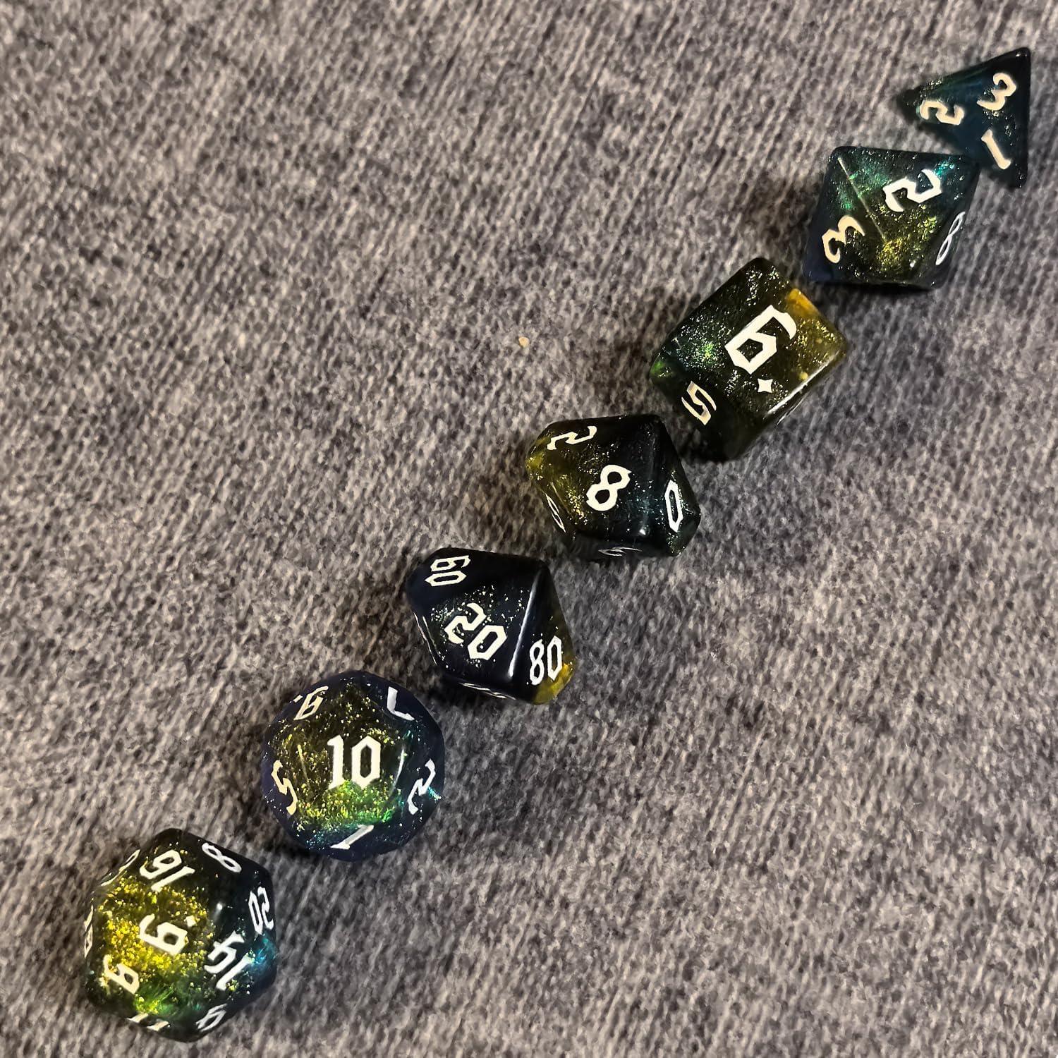 Juego de Dados RPG DND Meokkaebi Nebula 7 Piezas Azul Dorado