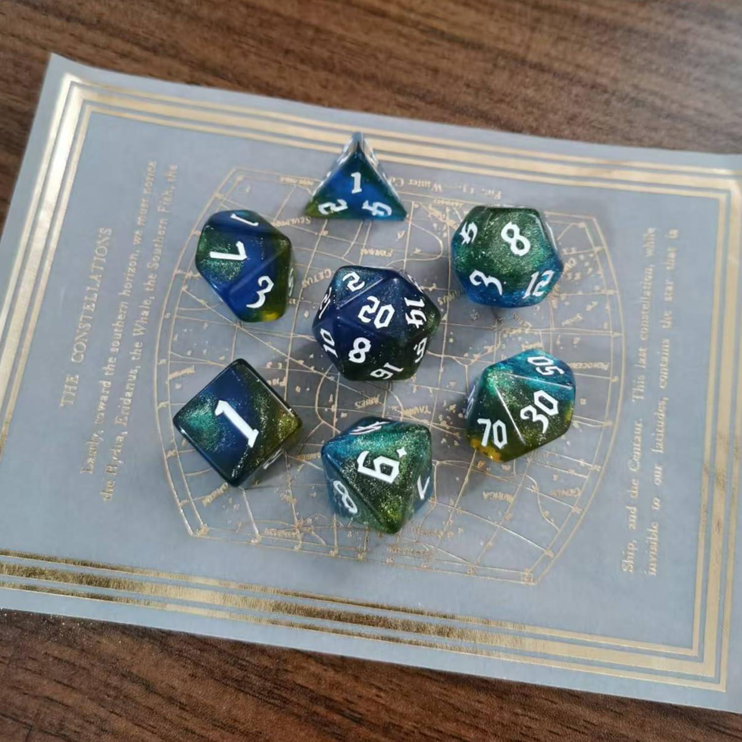 Juego de Dados RPG DND Meokkaebi Nebula 7 Piezas Azul Dorado