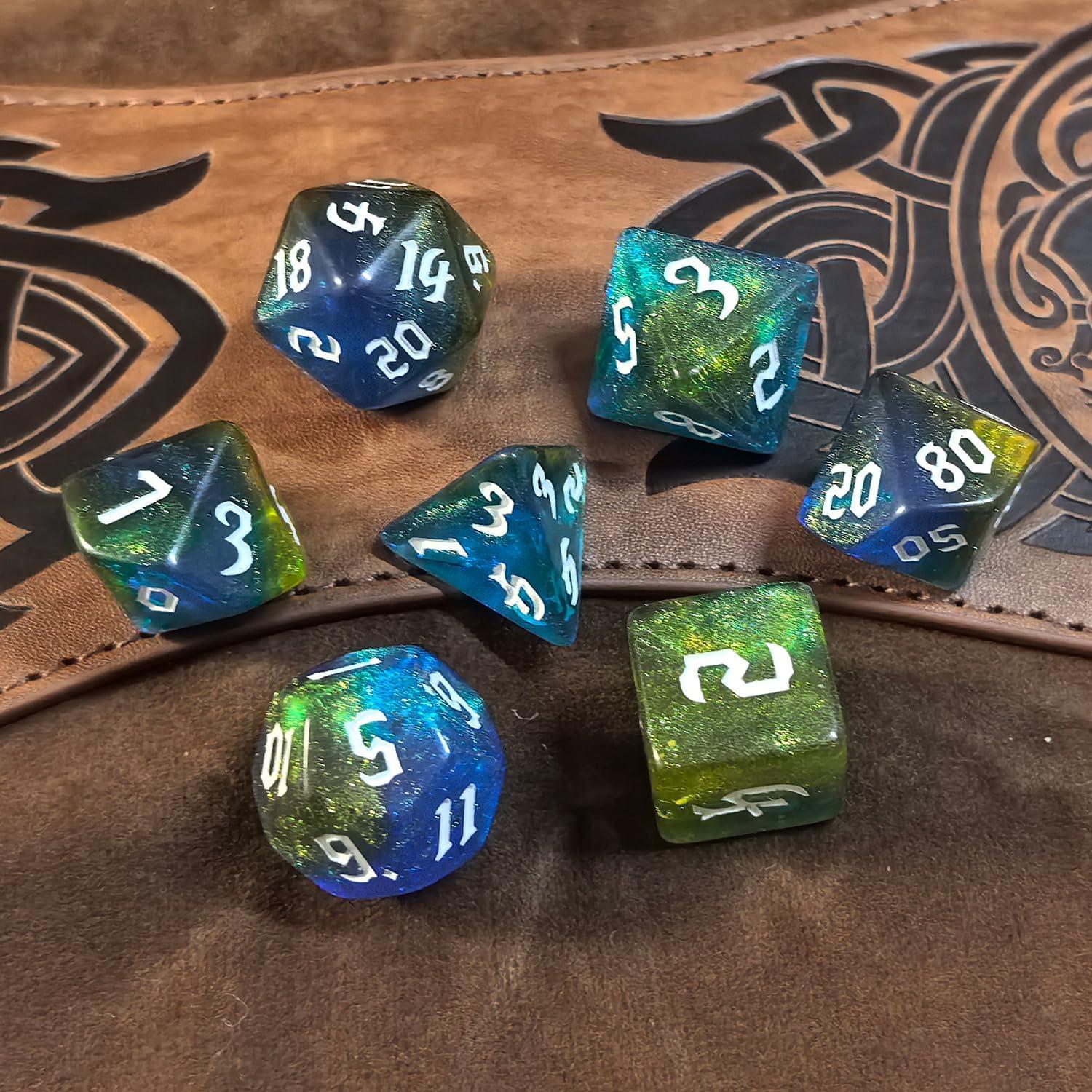Juego de Dados RPG DND Meokkaebi Nebula 7 Piezas Azul Dorado