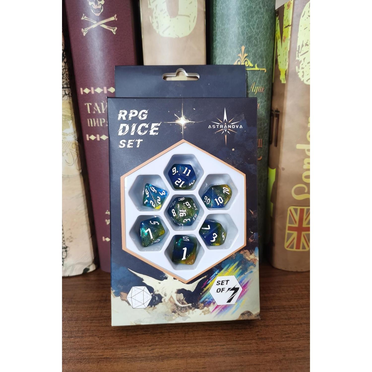 Juego de Dados RPG DND Meokkaebi Nebula 7 Piezas Azul Dorado