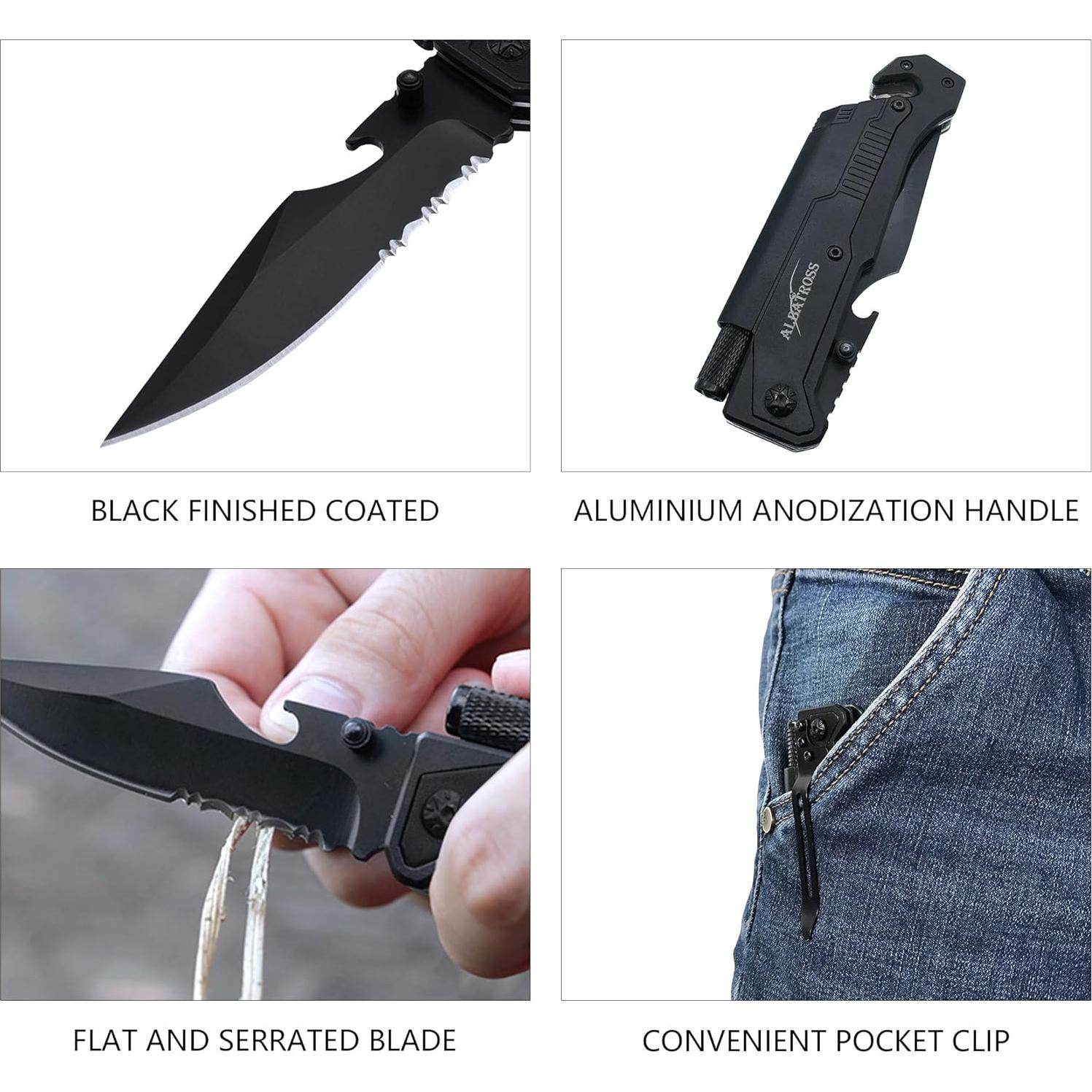 Cuchillo Plegable Táctico ALBATROSS FK001 6-en-1 con Luz LED