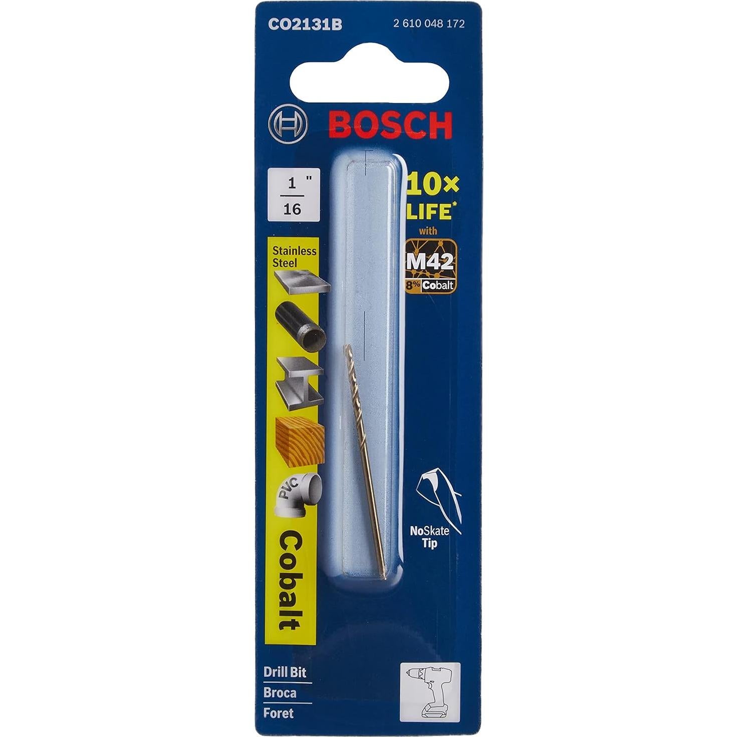 BOSCH CO2131B 1-Piece 1/16 In. x 1-7/8 In. Cobalt M42 Metal Drill Bit with Three-Flat Shank for Drilling Applications in Stainless Steel, Cast Iron, Titanium, Light-Gauge Metal, Aluminum