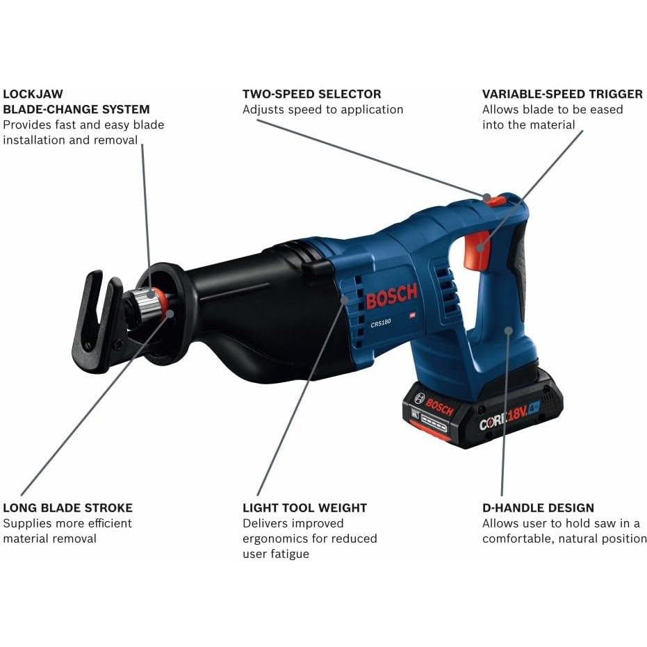 BOSCH CRS180-B15 18V 1-1/8 In. D-Handle Reciprocating Saw Kit with (1) CORE18V 4 Ah Advanced Power Battery