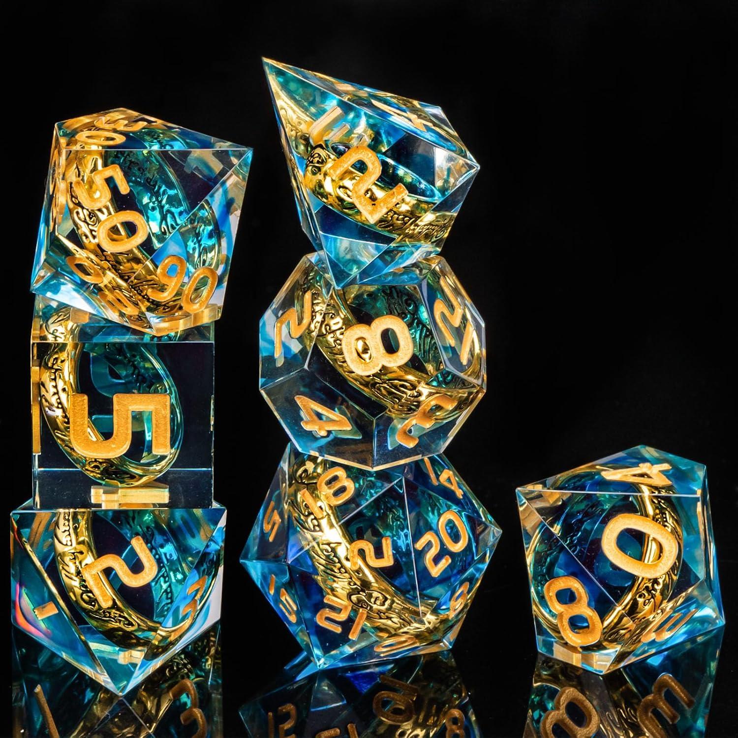 Set de Dados DND OUKELANWO 7 Piezas Azul y Dorado