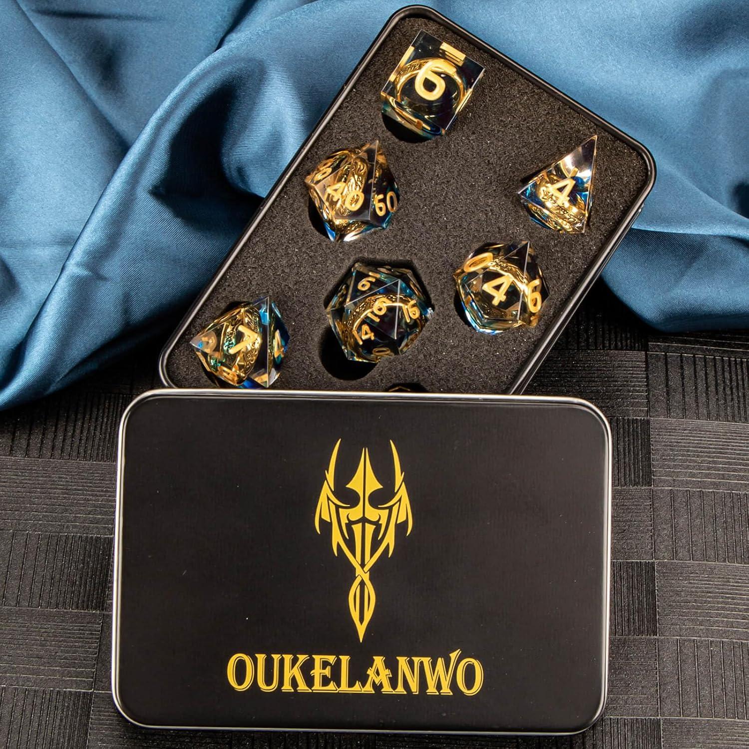 Set de Dados DND OUKELANWO 7 Piezas Azul y Dorado