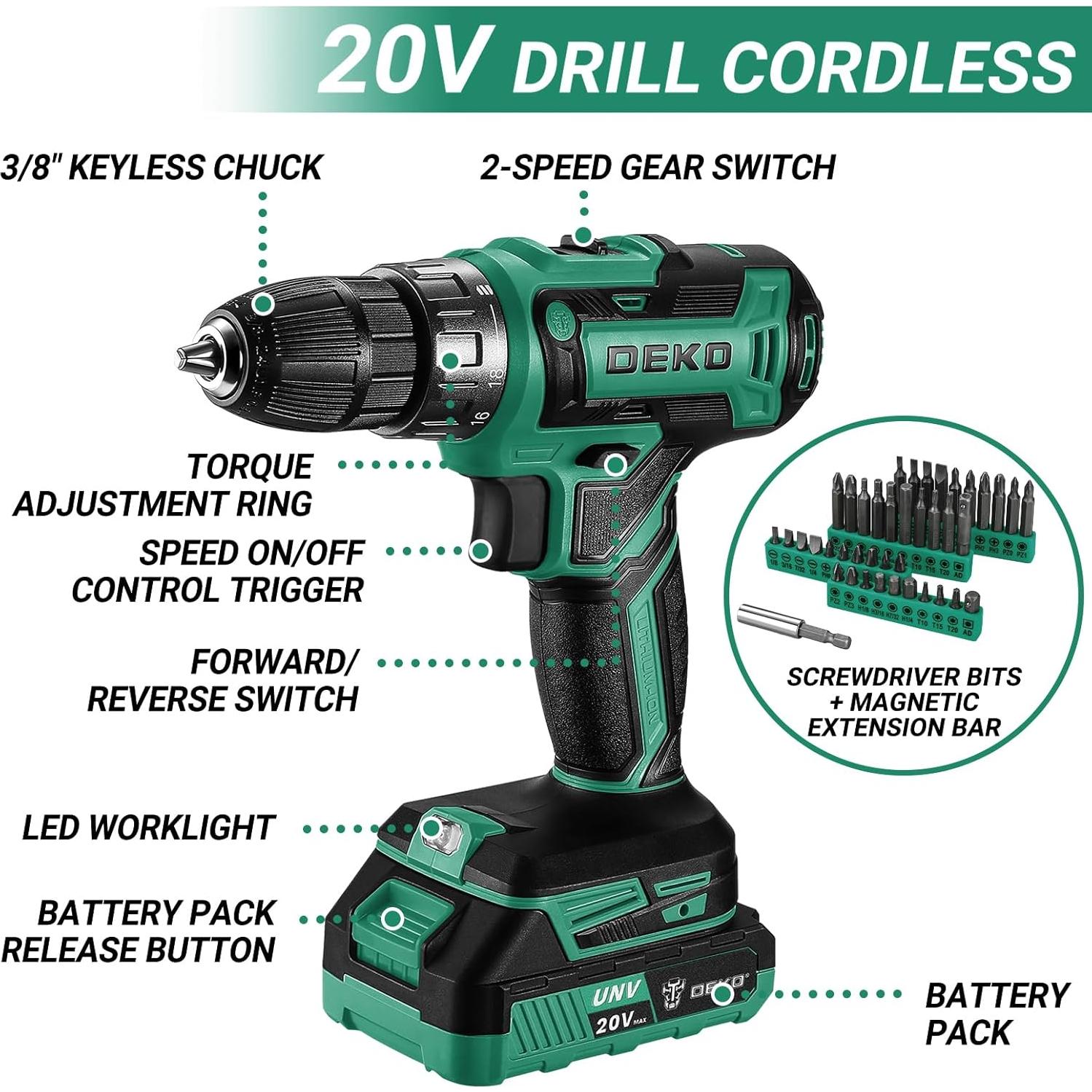 Juego de Herramientas DEKOPRO 20V con Taladro Inalámbrico y Destornillador