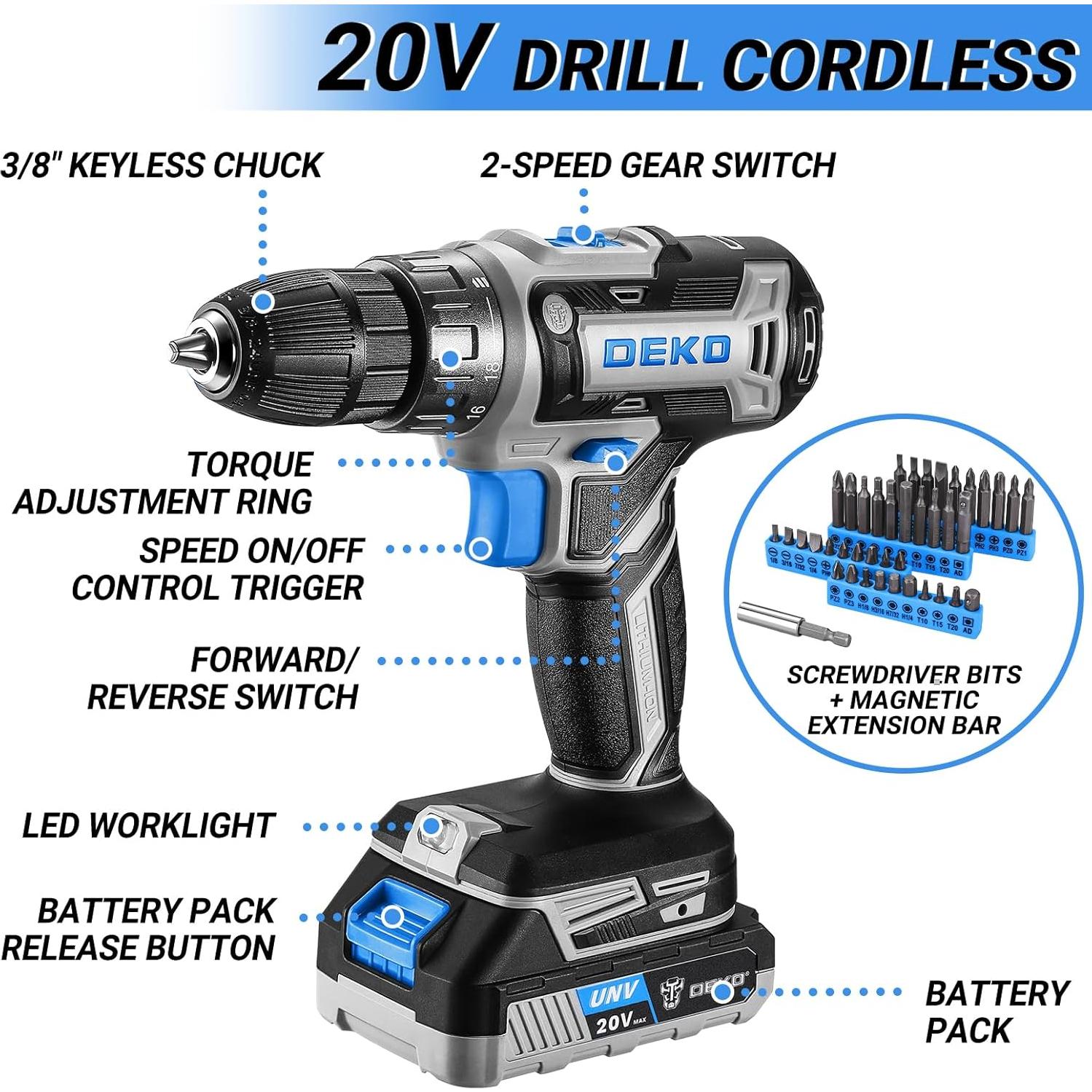 Juego de Herramientas de Taladro Inalámbrico DEKOPRO 20V