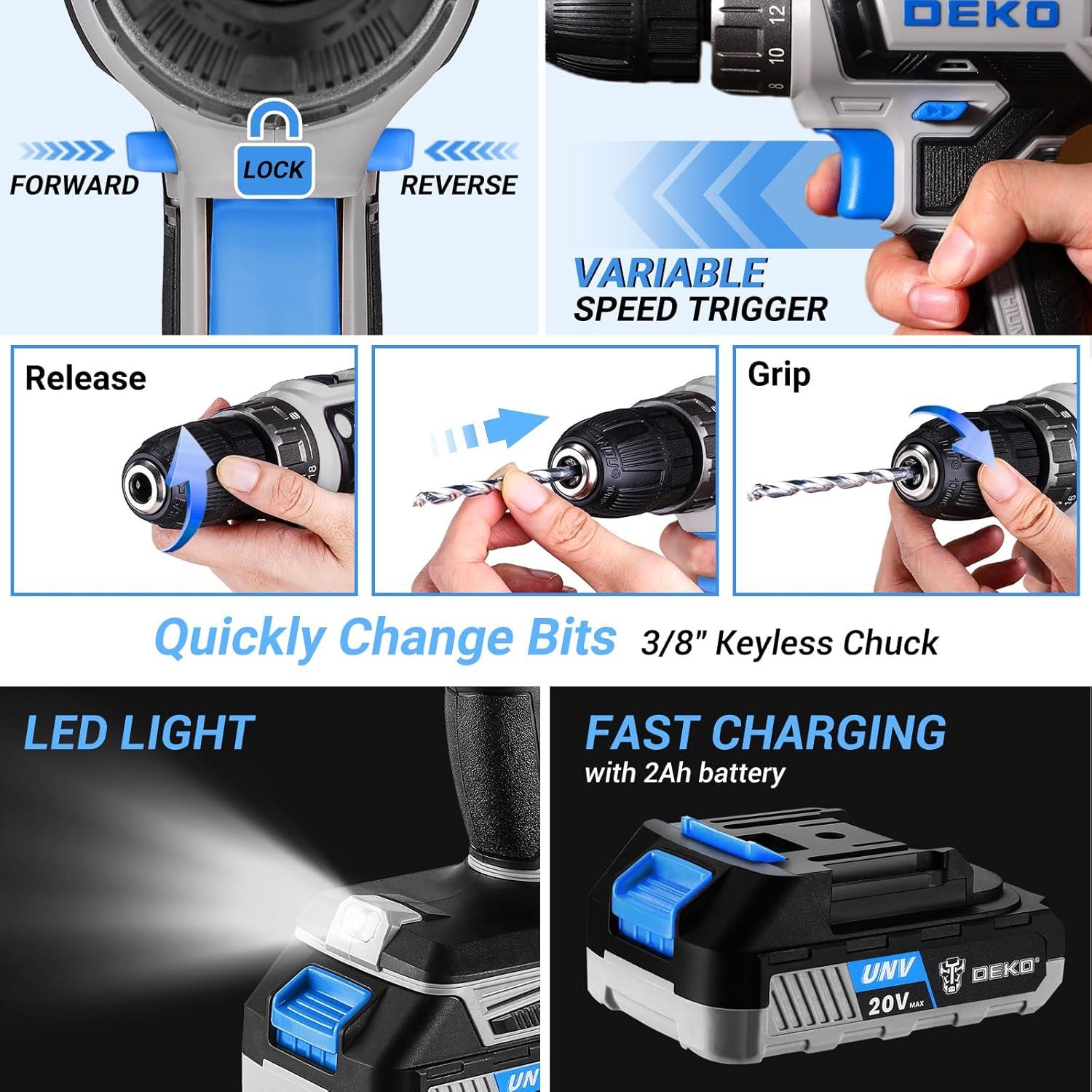 Juego de Herramientas de Taladro Inalámbrico DEKOPRO 20V