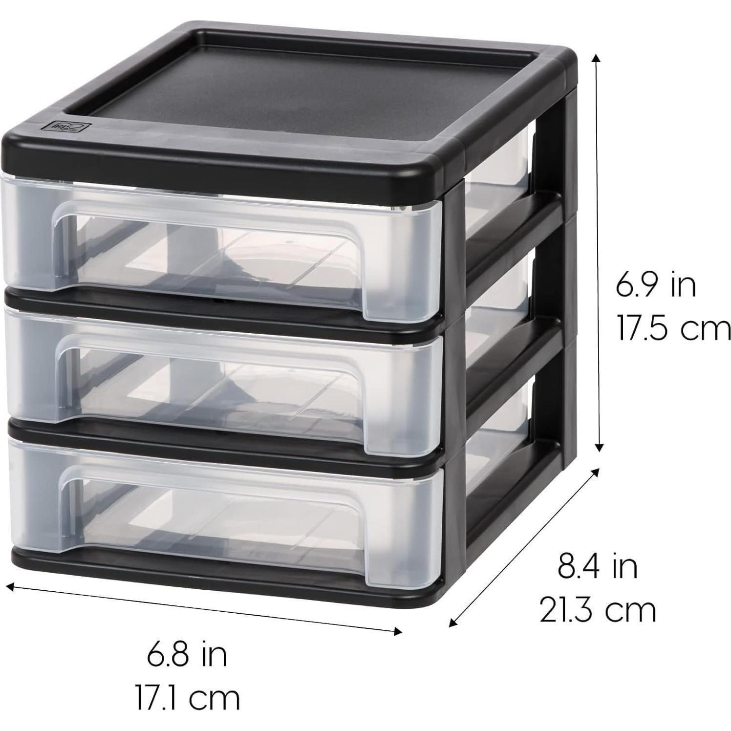 IRIS USA Plastic Stacking Desk Top 3-Drawer Storage Organizer, 2-Pack, for Makeup Vanity Nail Polish Bathroom Stationery Art Craft Supplies Kitchen Office Garage and Small Organization, Small, Black