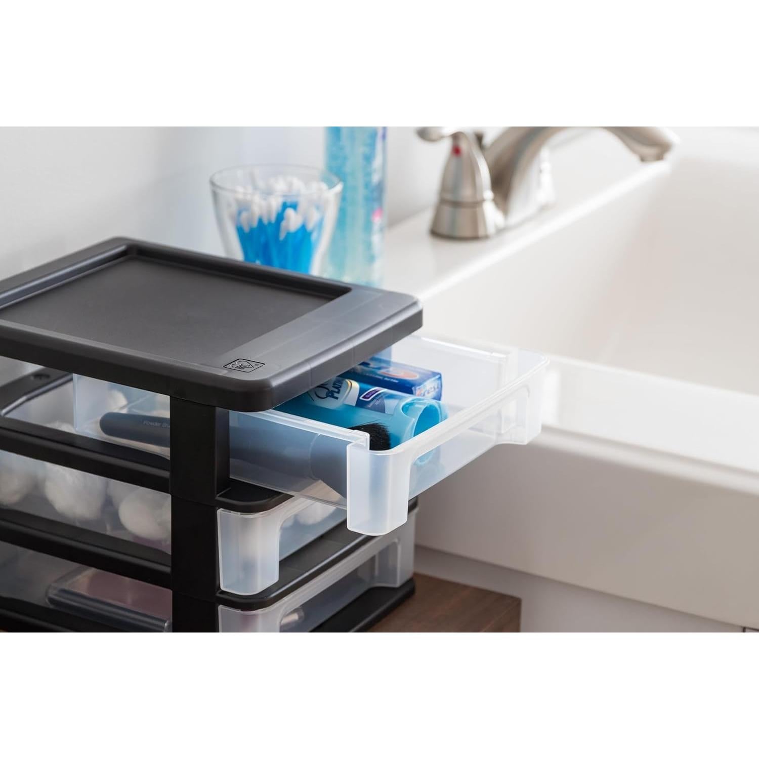 IRIS USA Plastic Stacking Desk Top 3-Drawer Storage Organizer, 2-Pack, for Makeup Vanity Nail Polish Bathroom Stationery Art Craft Supplies Kitchen Office Garage and Small Organization, Small, Black