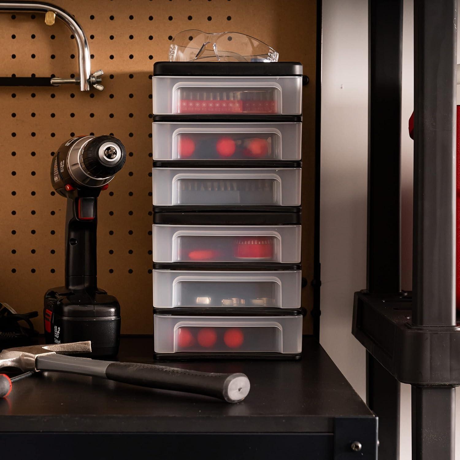 IRIS USA Plastic Stacking Desk Top 3-Drawer Storage Organizer, 2-Pack, for Makeup Vanity Nail Polish Bathroom Stationery Art Craft Supplies Kitchen Office Garage and Small Organization, Small, Black