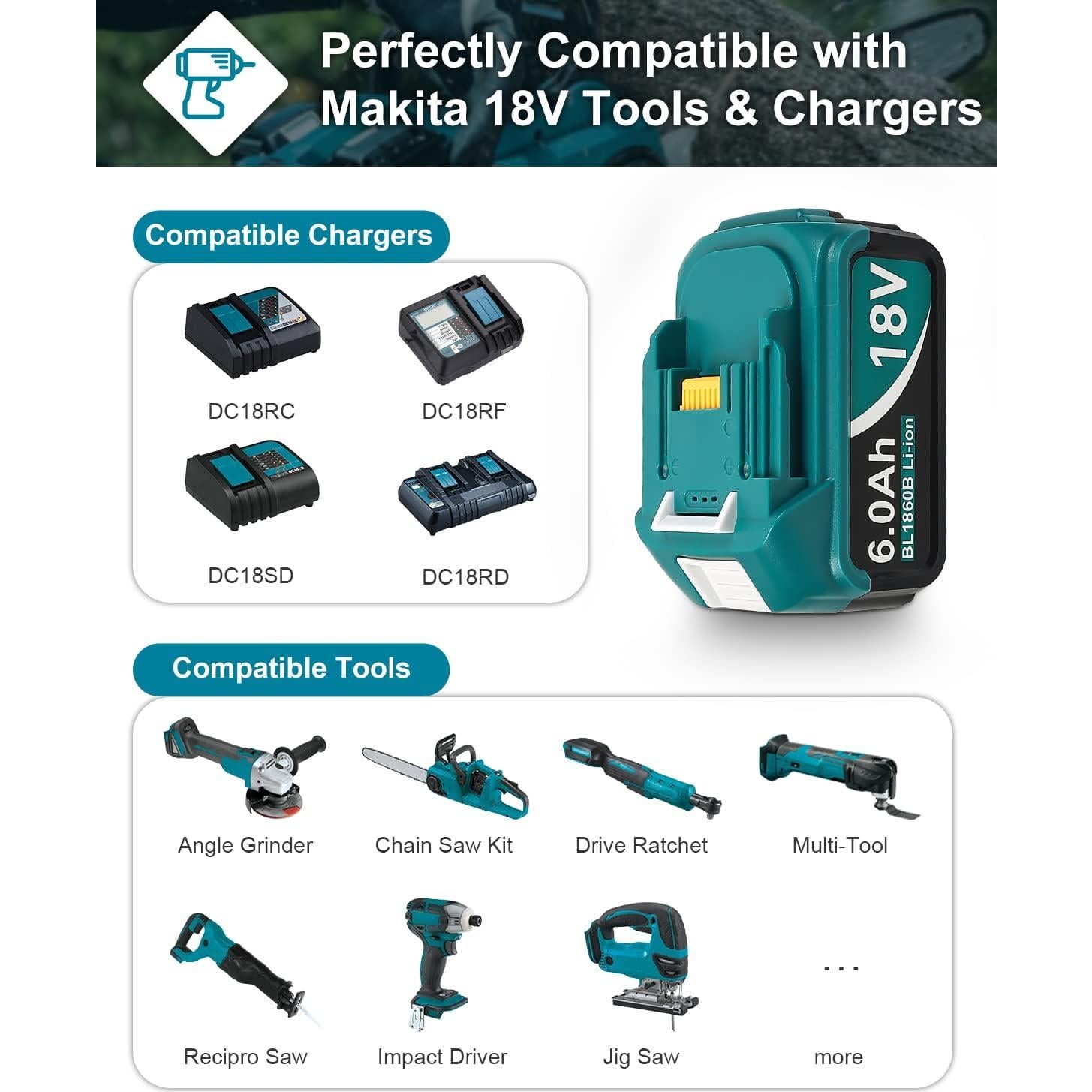 Paquete de 2 Baterías 18V 6.0Ah Makita BL1860B Reemplazo