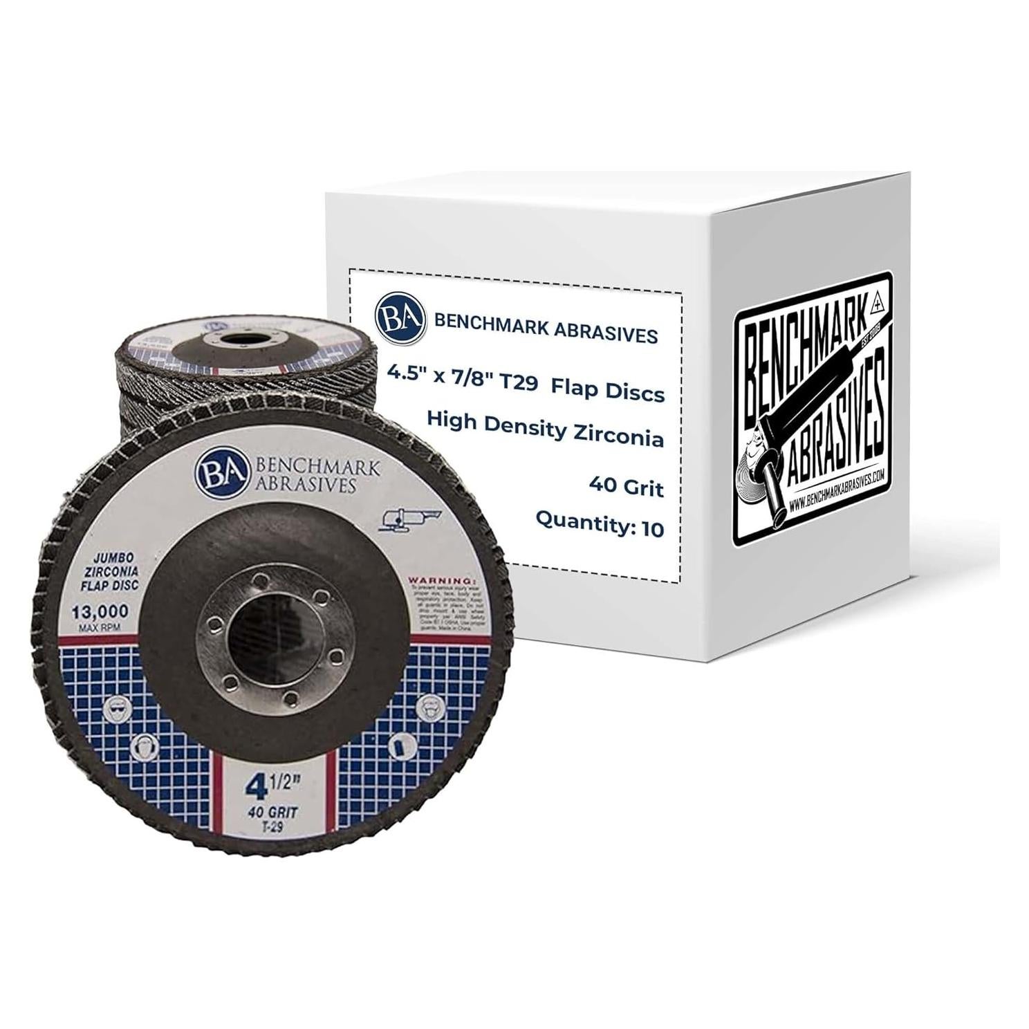 Benchmark Abrasives 4.5" x 7/8" Premium High Density Jumbo Zirconia Type 29 Flap Discs 4 1/2 for Angle Grinder, Sanding Discs, Finishing - Grinding Wheels 4 1/2 Inch (10 Pack) - 40 Grit