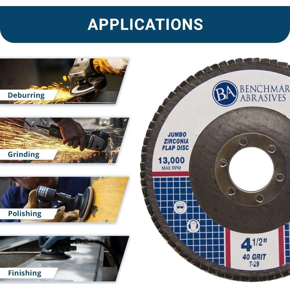 Benchmark Abrasives 4.5" x 7/8" Premium High Density Jumbo Zirconia Type 29 Flap Discs 4 1/2 for Angle Grinder, Sanding Discs, Finishing - Grinding Wheels 4 1/2 Inch (10 Pack) - 40 Grit
