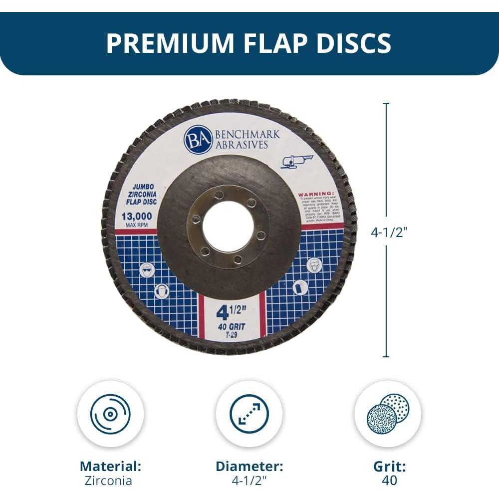 Benchmark Abrasives 4.5" x 7/8" Premium High Density Jumbo Zirconia Type 29 Flap Discs 4 1/2 for Angle Grinder, Sanding Discs, Finishing - Grinding Wheels 4 1/2 Inch (10 Pack) - 40 Grit