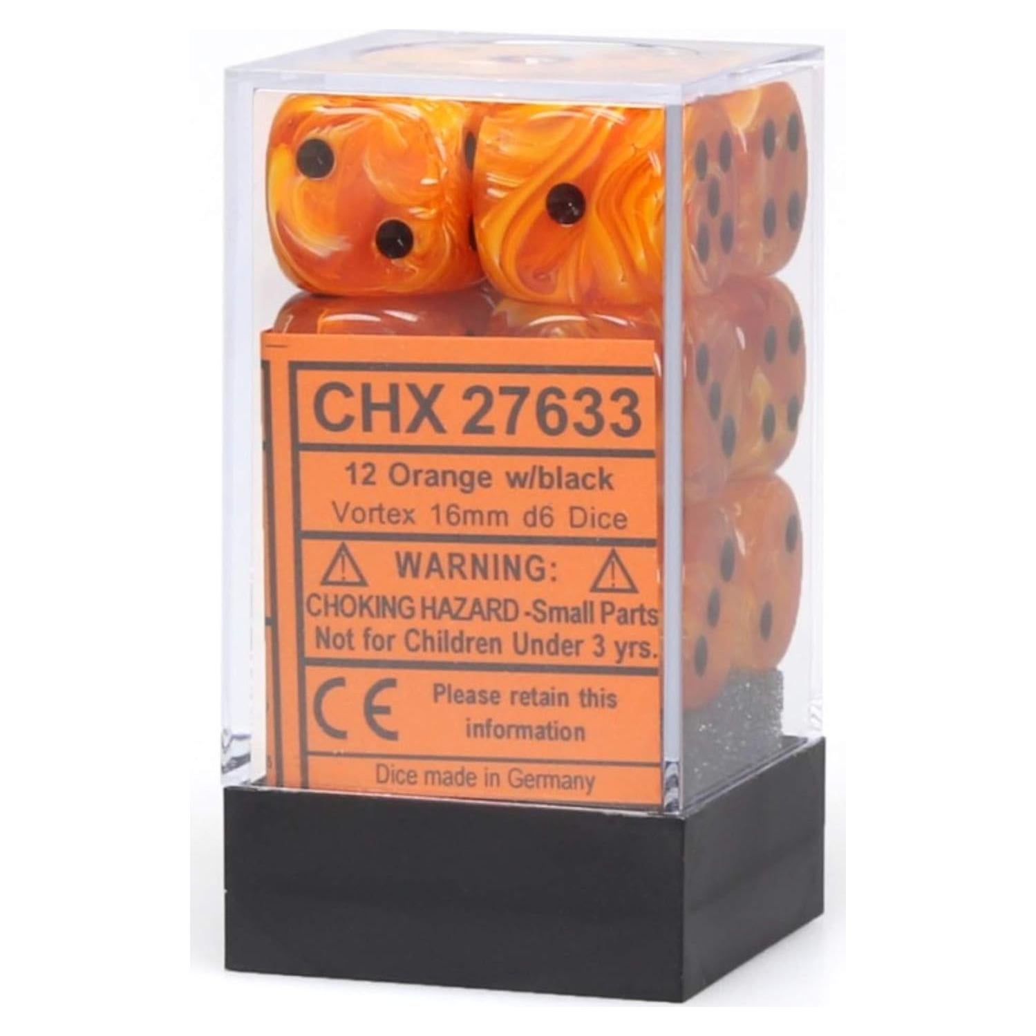Juego de Dados DND Chessex 12 D6 Naranja y Negro 16 mm