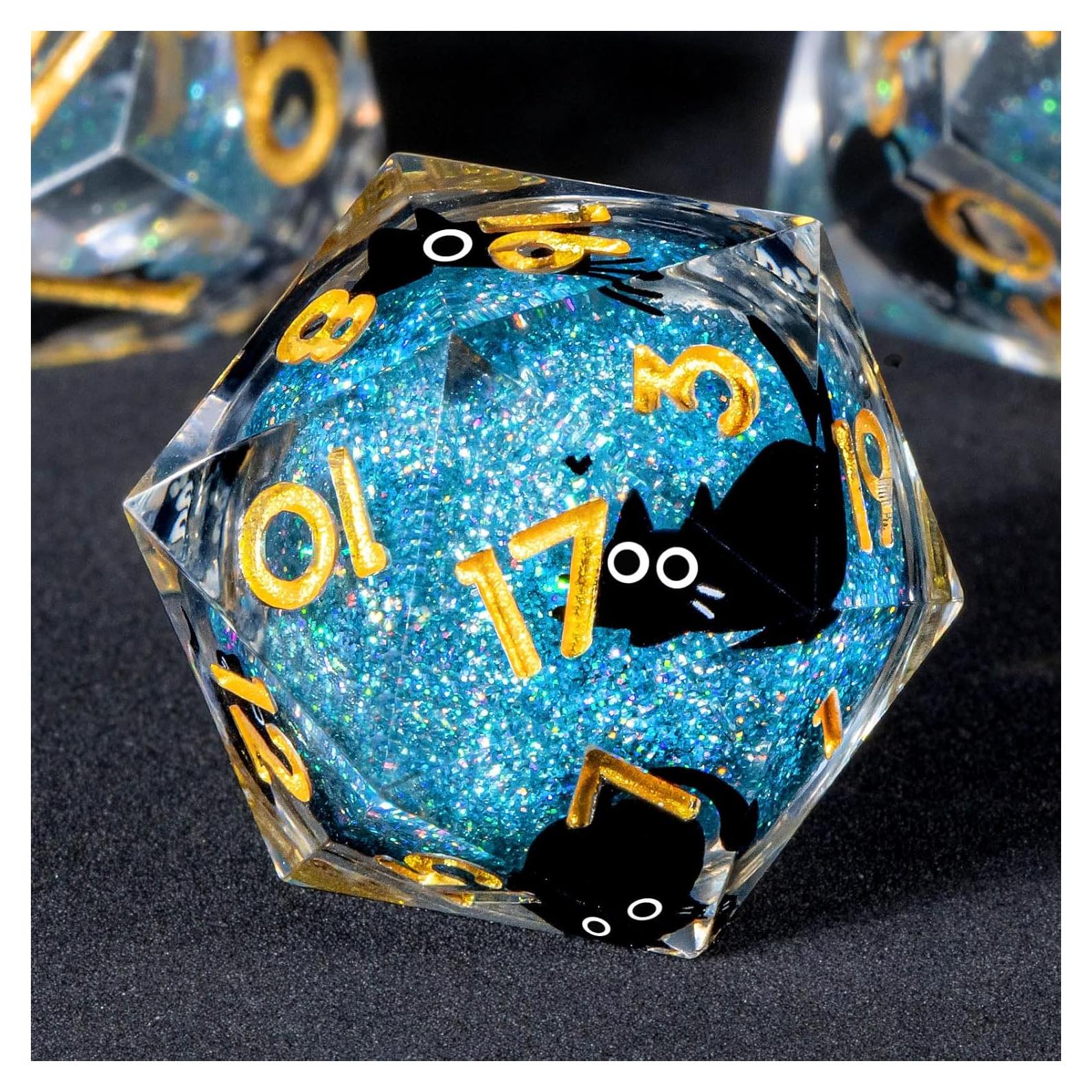 Juego de Dados DND OUKELANWO Gato Azul y Dorado 7 Pcs