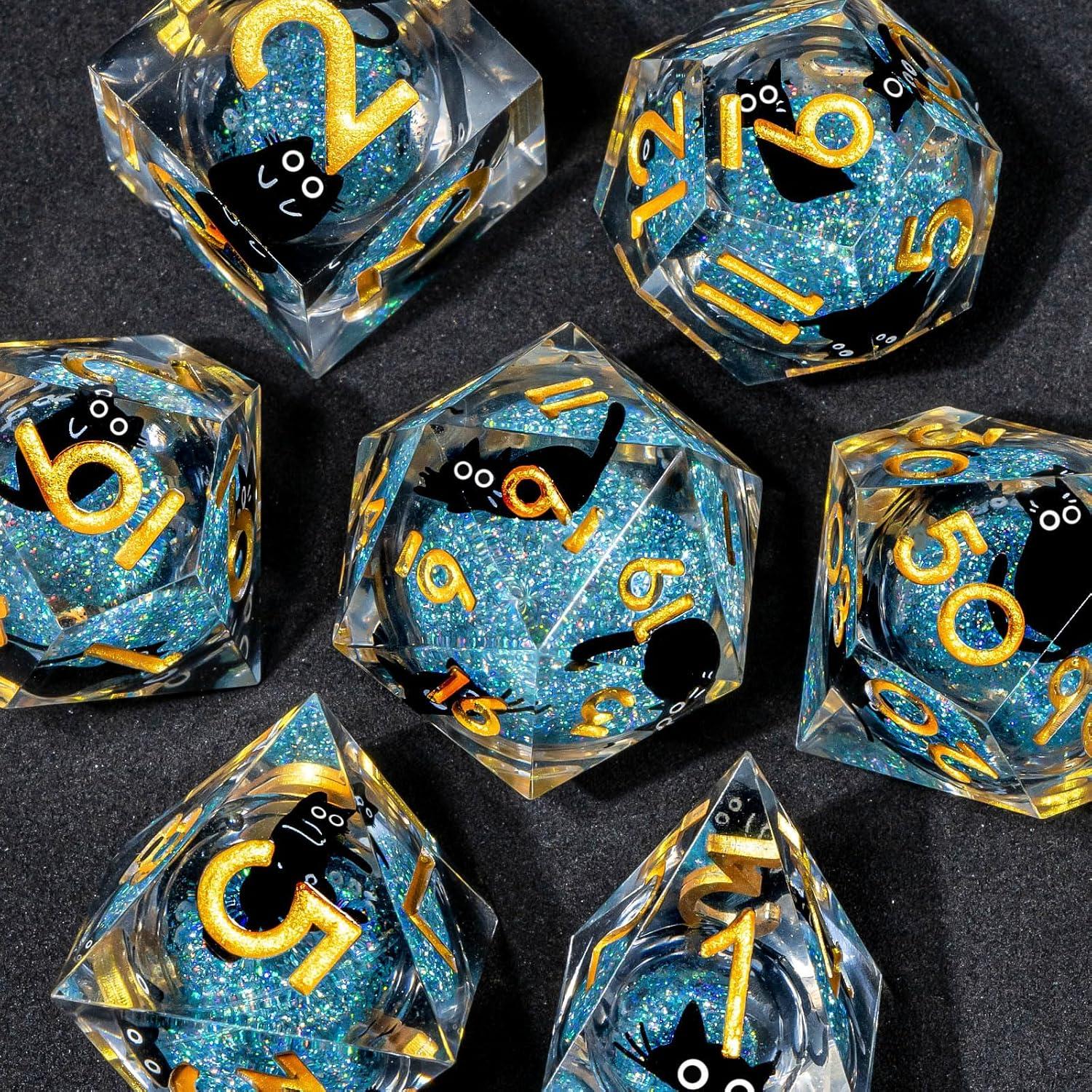Juego de Dados DND OUKELANWO Gato Azul y Dorado 7 Pcs