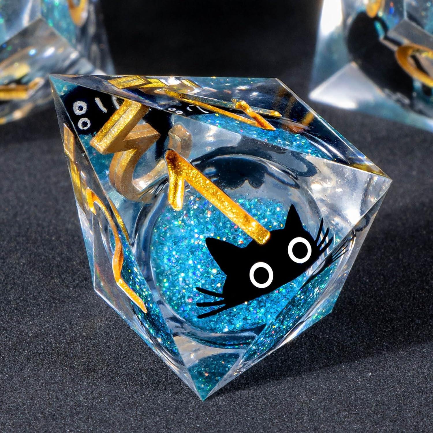 Juego de Dados DND OUKELANWO Gato Azul y Dorado 7 Pcs
