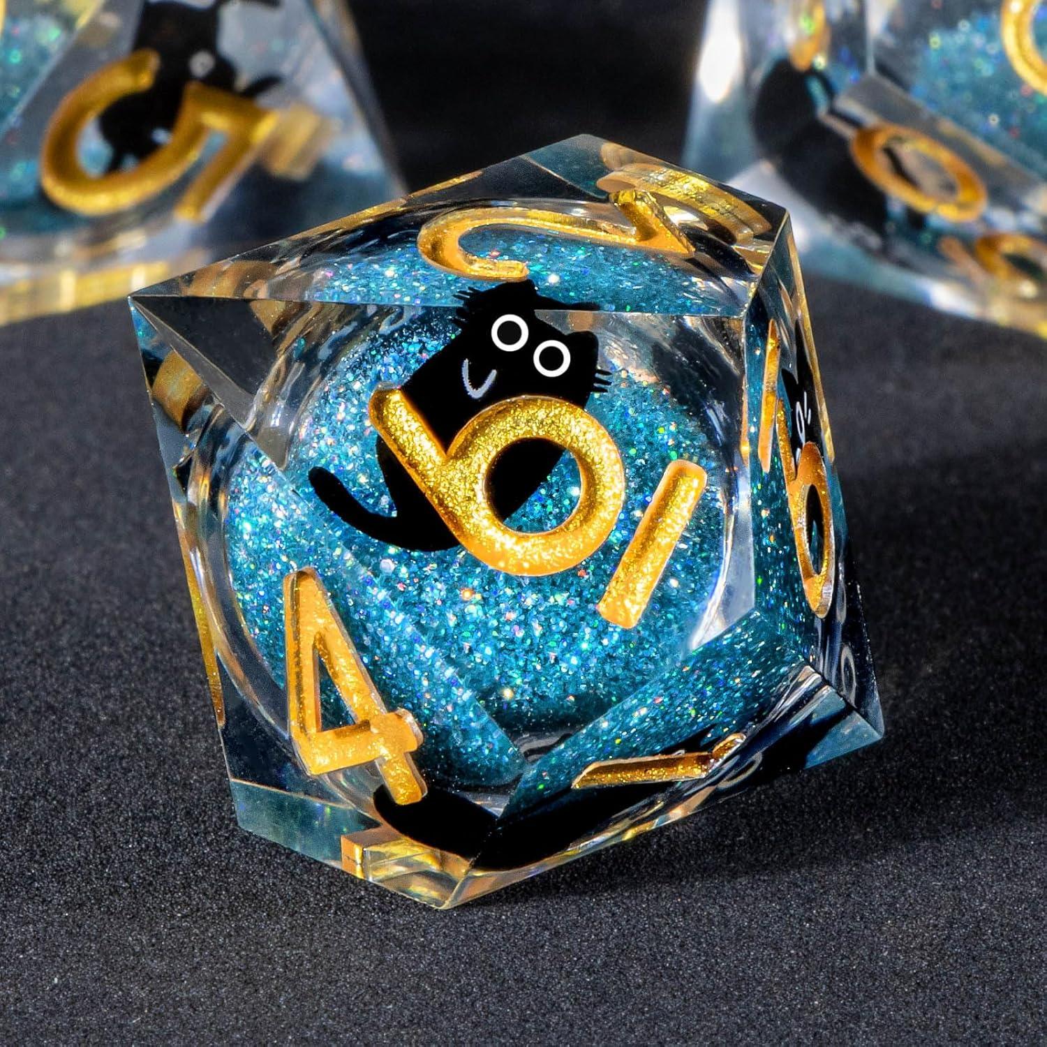 Juego de Dados DND OUKELANWO Gato Azul y Dorado 7 Pcs