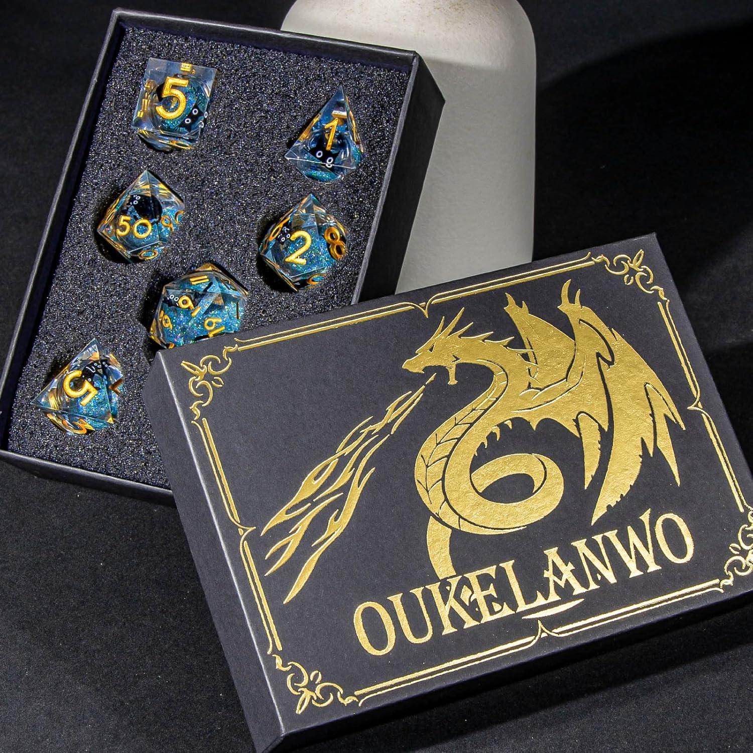 Juego de Dados DND OUKELANWO Gato Azul y Dorado 7 Pcs