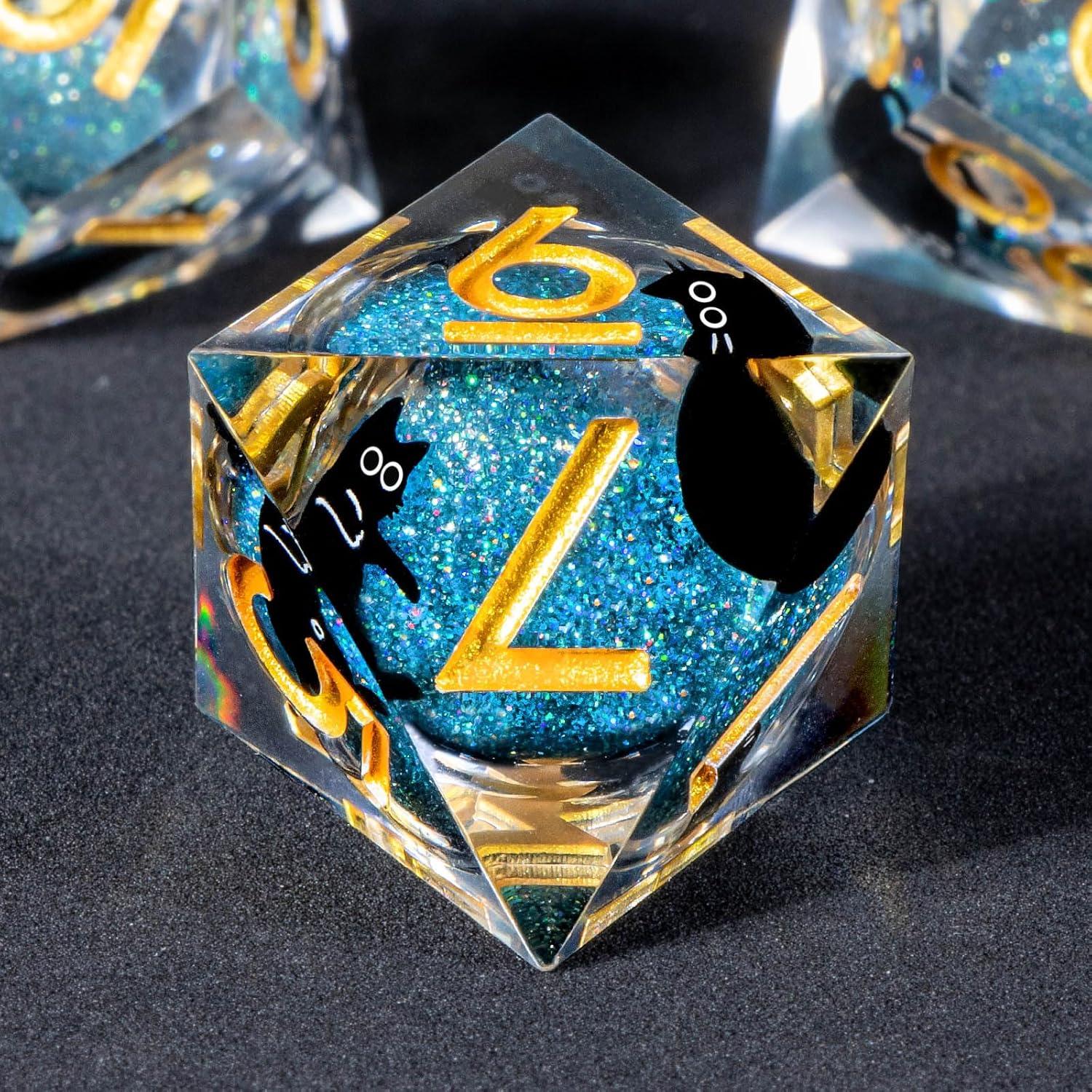 Juego de Dados DND OUKELANWO Gato Azul y Dorado 7 Pcs
