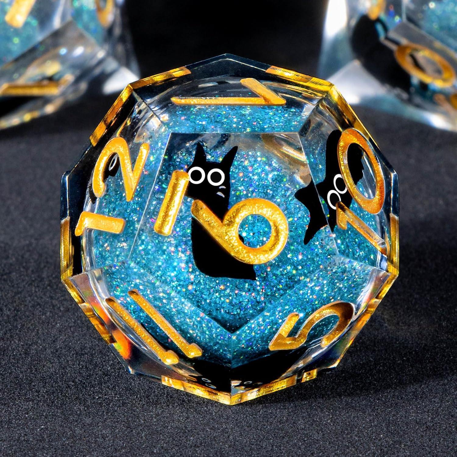 Juego de Dados DND OUKELANWO Gato Azul y Dorado 7 Pcs