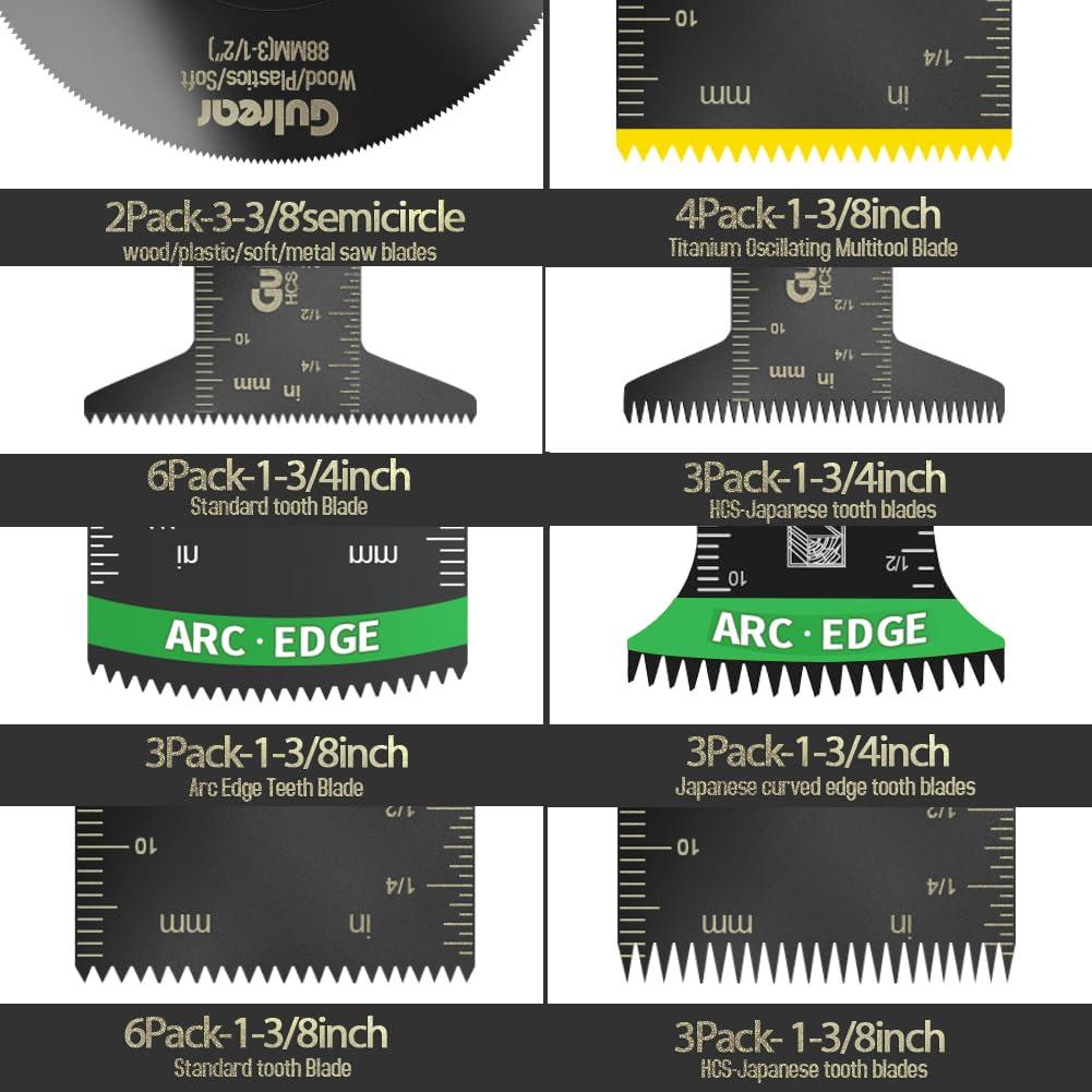 33PCS Oscillating Multi Tool Blade Kit, Professional Titanium Plated and Curved Edge Saw Blades with Quick Change Adapter, Professional Precision Cutting Blades for Wood/Metal, Plastic, DIY Projects