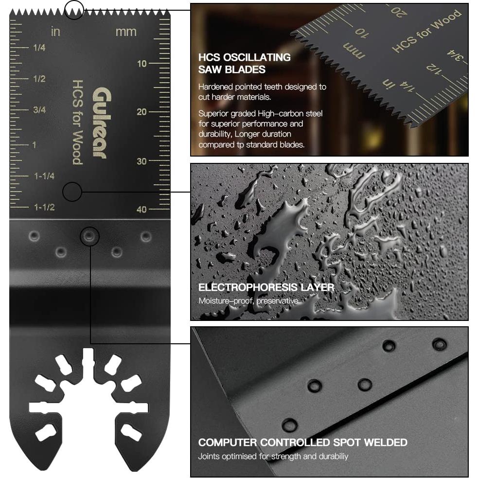 33PCS Oscillating Multi Tool Blade Kit, Professional Titanium Plated and Curved Edge Saw Blades with Quick Change Adapter, Professional Precision Cutting Blades for Wood/Metal, Plastic, DIY Projects